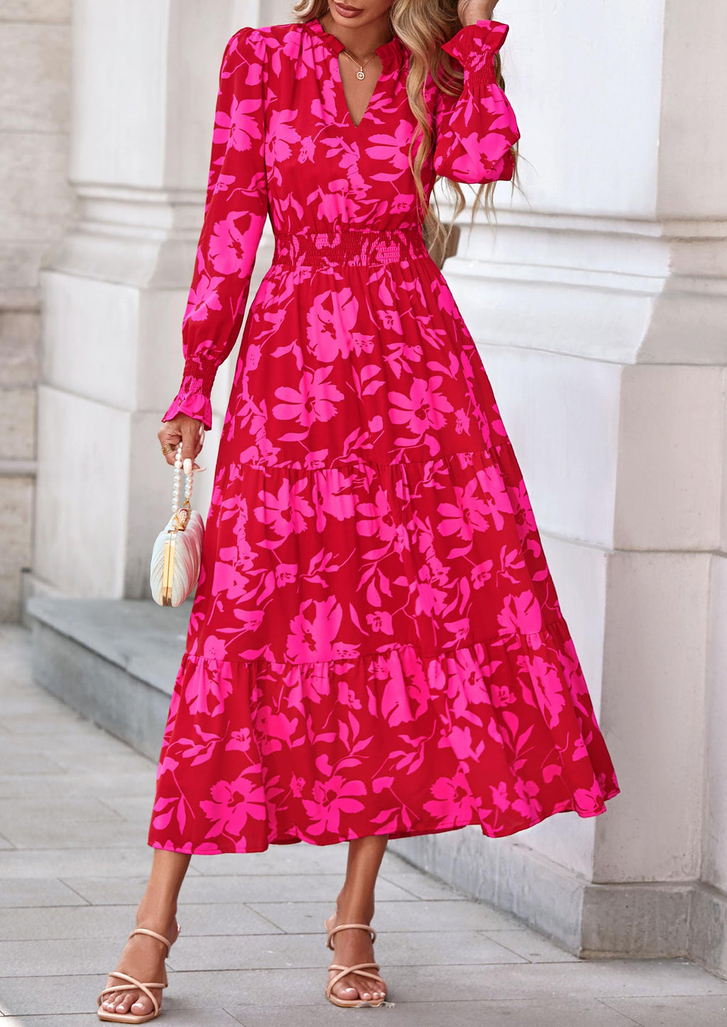 PRETTYGARDEN Women's Floral Maxi Dress Fall Long Sleeve V Neck Casual A Line Long Flowy Boho Party Dresses