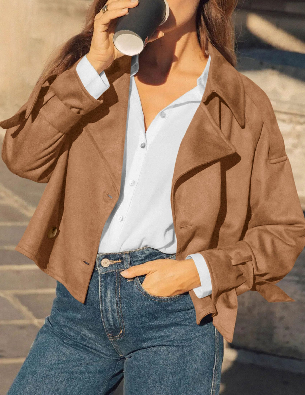 PRETTYGARDEN Women Faux Suede Double Breasted Trench Coat Cropped Jackets Raglan Long Sleeve,Lapel,Tie Cuff,Button Down,Fall Fashion Outerwear,Winter Clothes,Work Office Casual Short Jacket