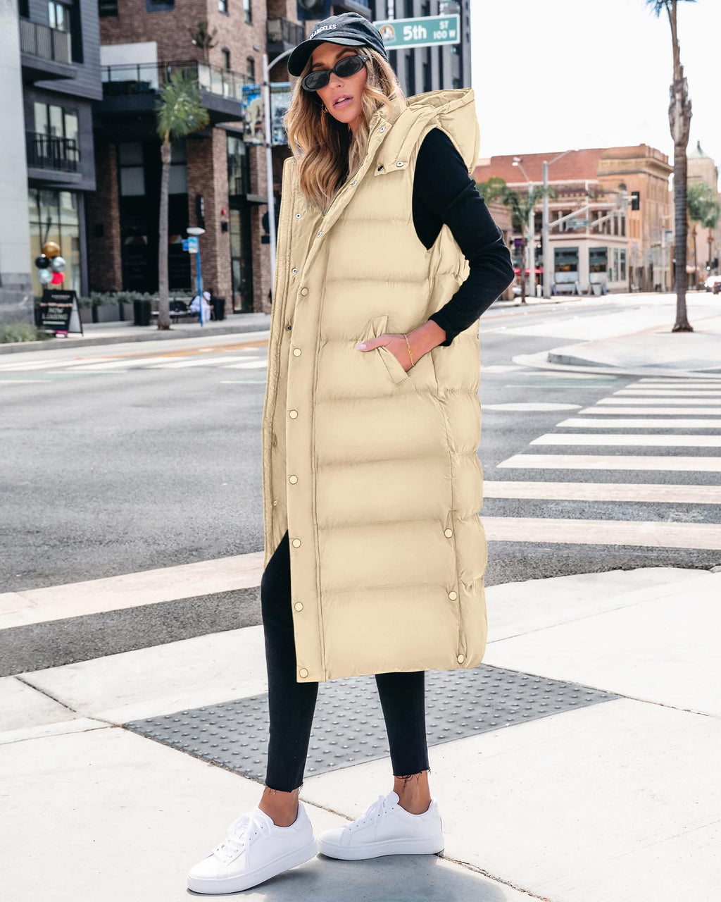 BTFBM Long Puffer Vest Women Quilted Hooded Button Down Zip Up Sleeveless Vests Outerwear Padded Jacket Fall Winter Coat