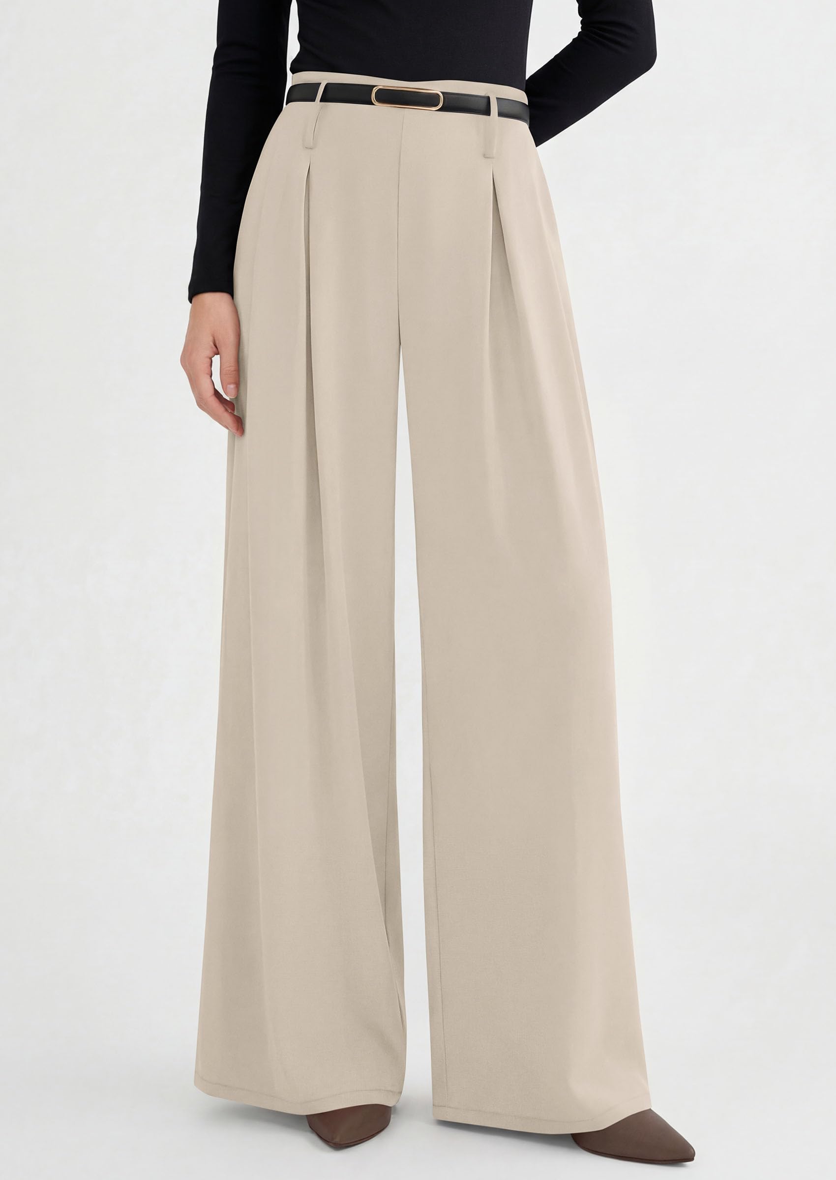 PRETTYGARDEN Womens Spring Wide Leg Trousers High Elastic Waist Loose Pleated Long Flowy Palazzo Work Pants with Pockets