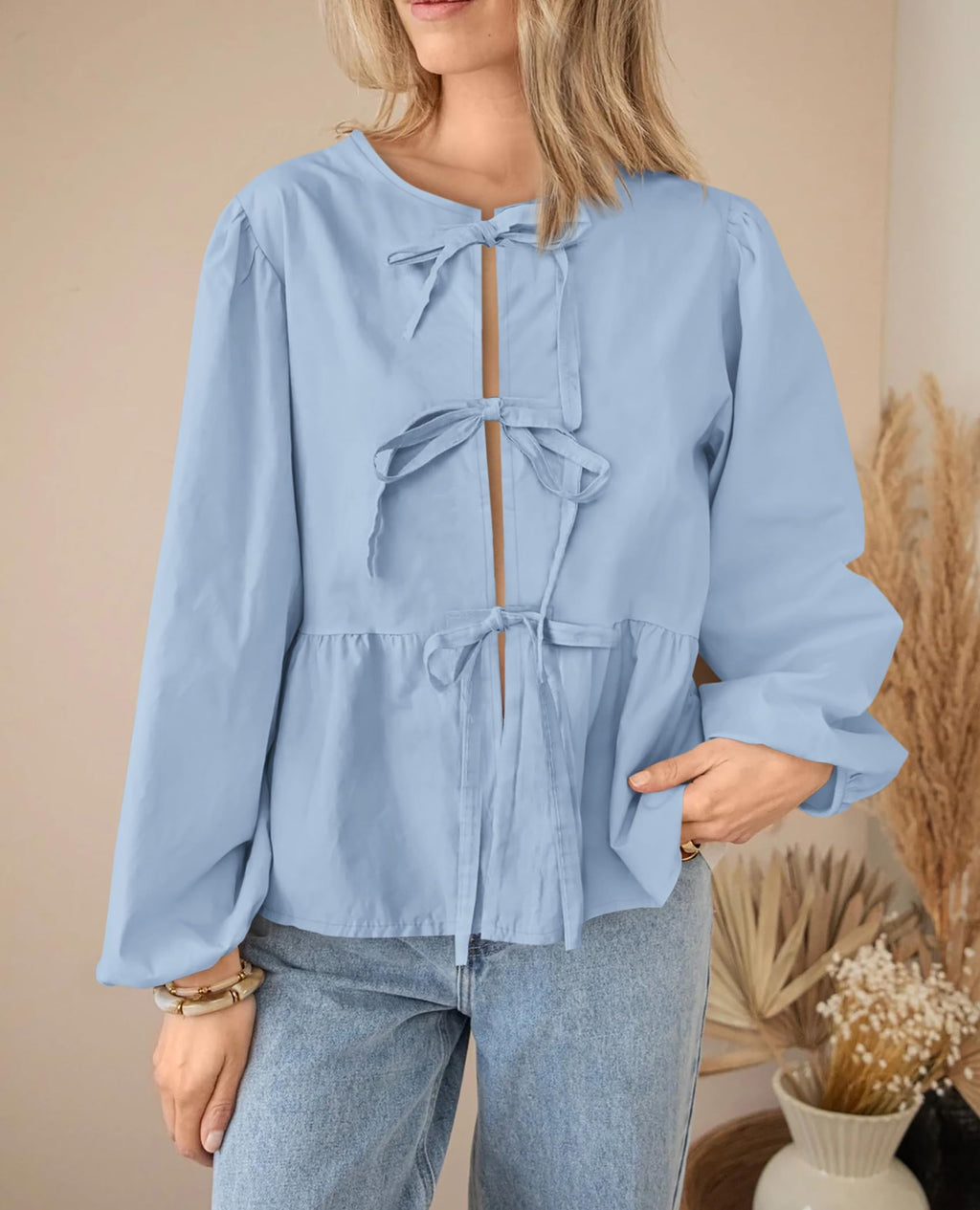 PRETTYGARDEN Women's Spring Fall Babydoll Peplum Blouse Shirt Puff Long Sleeve Bow Tie Front Trendy Cute Y2K Going Out Tops