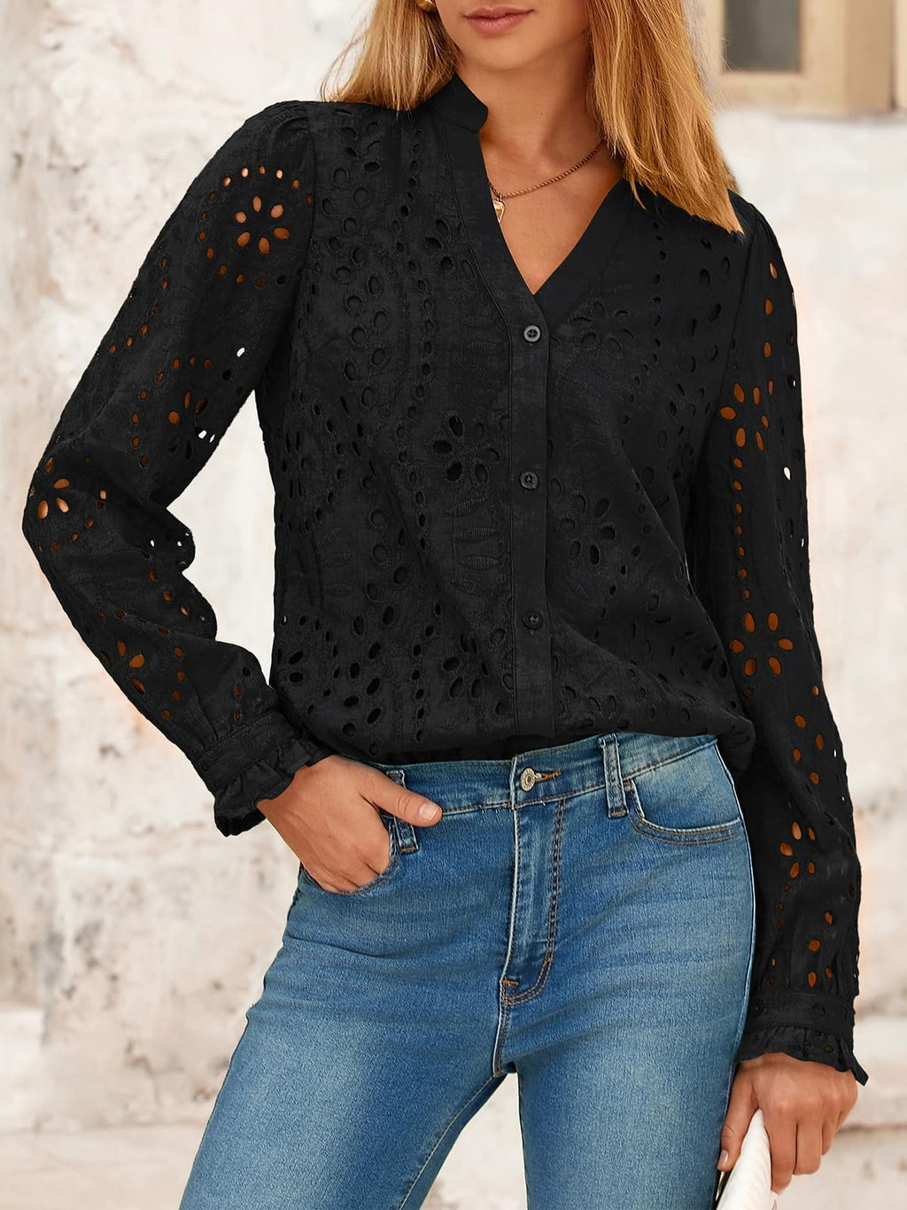 FreshPretty Women's Long Sleeve Shirts Button Down Dressy Casual Blouses V Neck Embroidery Hollow Out Tops Fall Winter Clothes