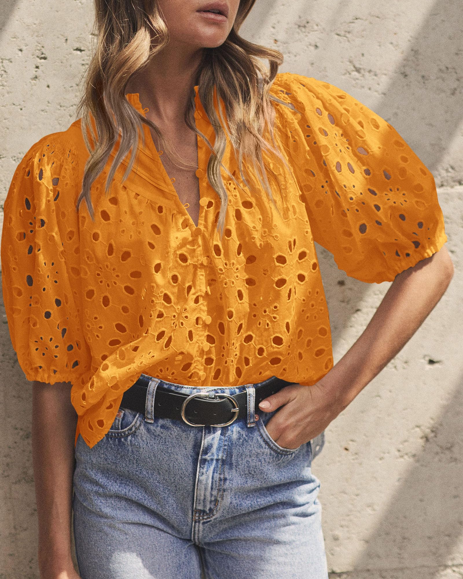 PRETTYGARDEN Women's Summer Tops Dressy Casual Short Sleeve V Neck Buttons Hollow Out Lace Embroidered Blouses Shirts