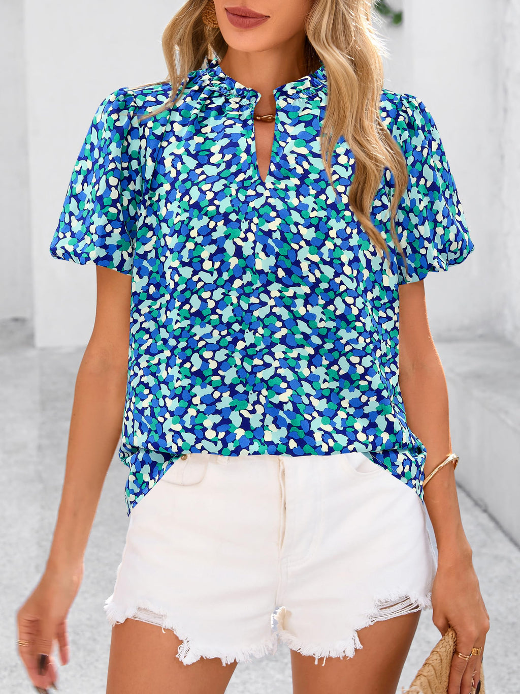 PRETTYGARDEN Boho Short Sleeve Floral Work Blouses for Women Dressy Casual V Neck Puff Sleeve Loose Chiffon Flowy Tops Shirts