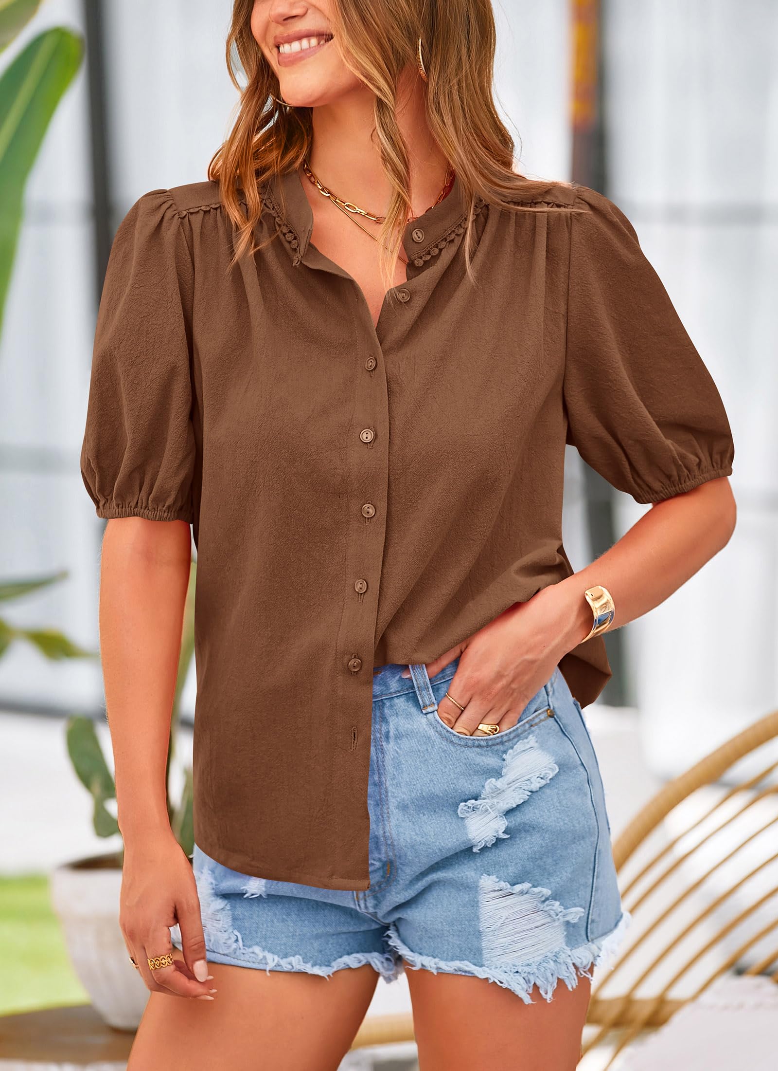 PRETTYGARDEN Women's Summer Button Down Shirts Short Lantern Sleeve V Neck Cotton Cute Dressy Casual Ladies Tops Blouses