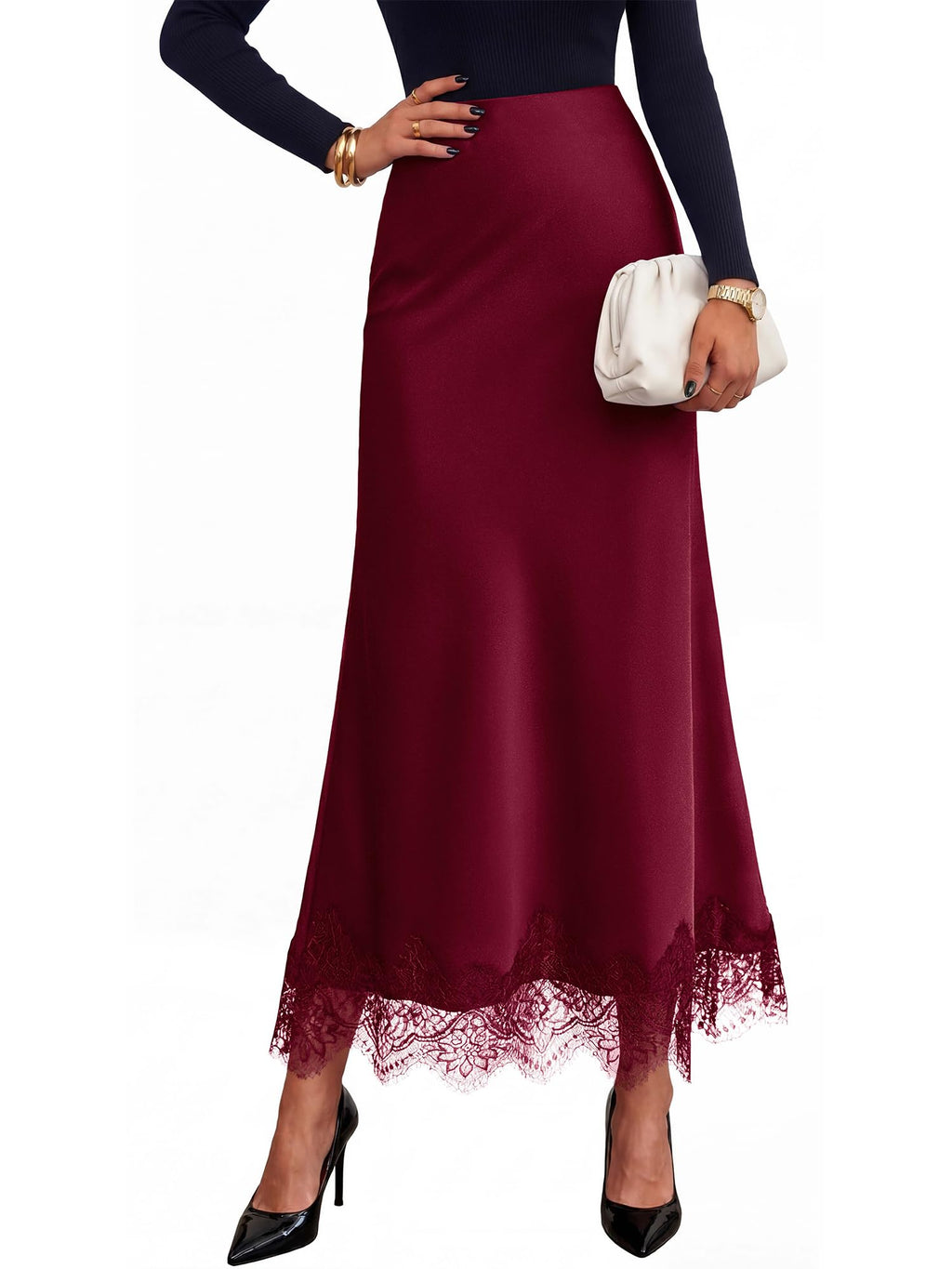 BTFBM Lace Trim Satin Skirts for Women Elegant | Lightweight, High Waist, A-Line, Flowy Maxi Skirt, Wedding, Cocktail, Graduation, Holiday Outfits, Fall Fashion Clothing