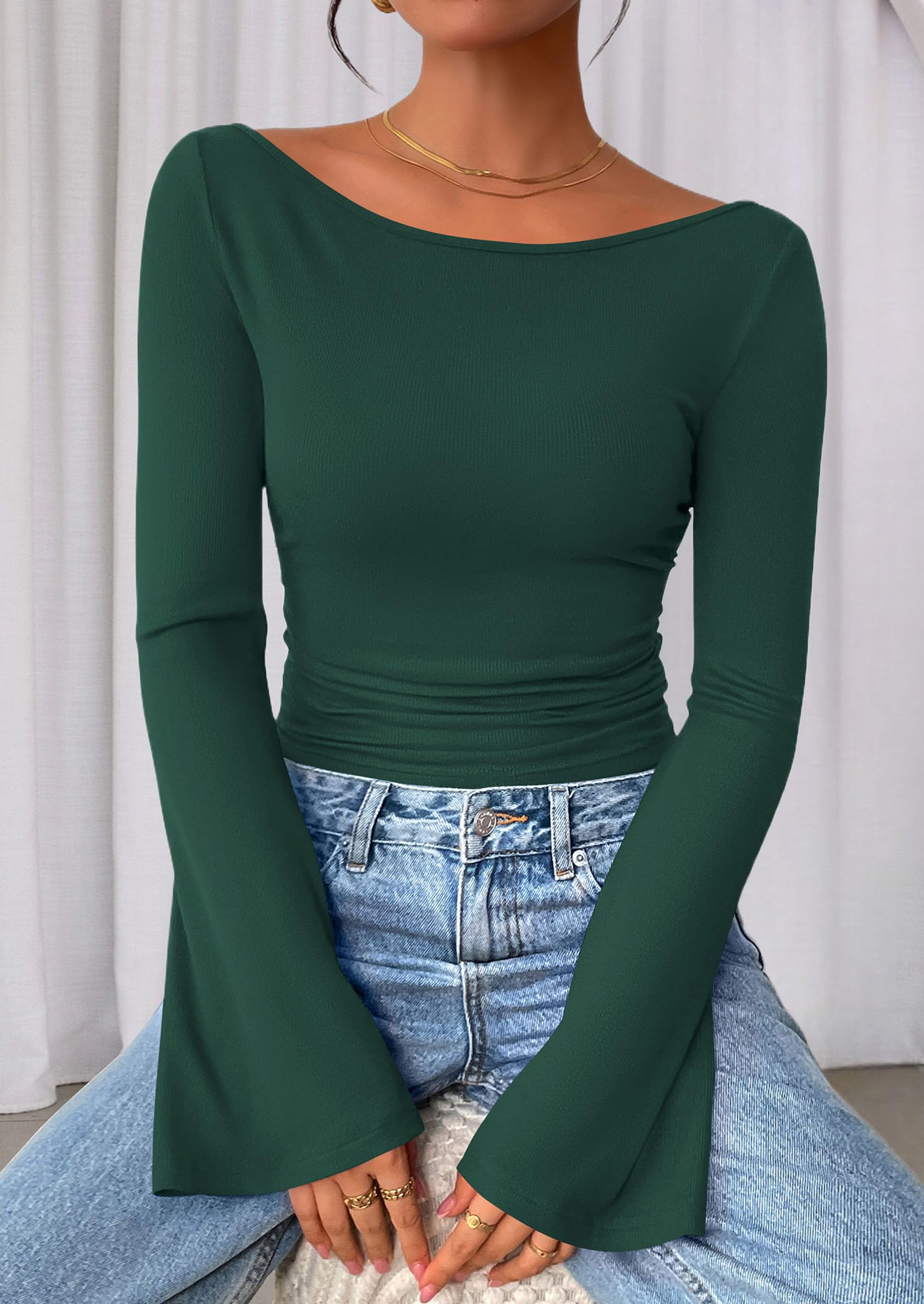 PRETTYGARDEN Women's Long Sleeve Shirts Fall Crop Going Out Tops Casual Boat Neck Bell Sleeve Ribbed Ruched Y2K Clothes