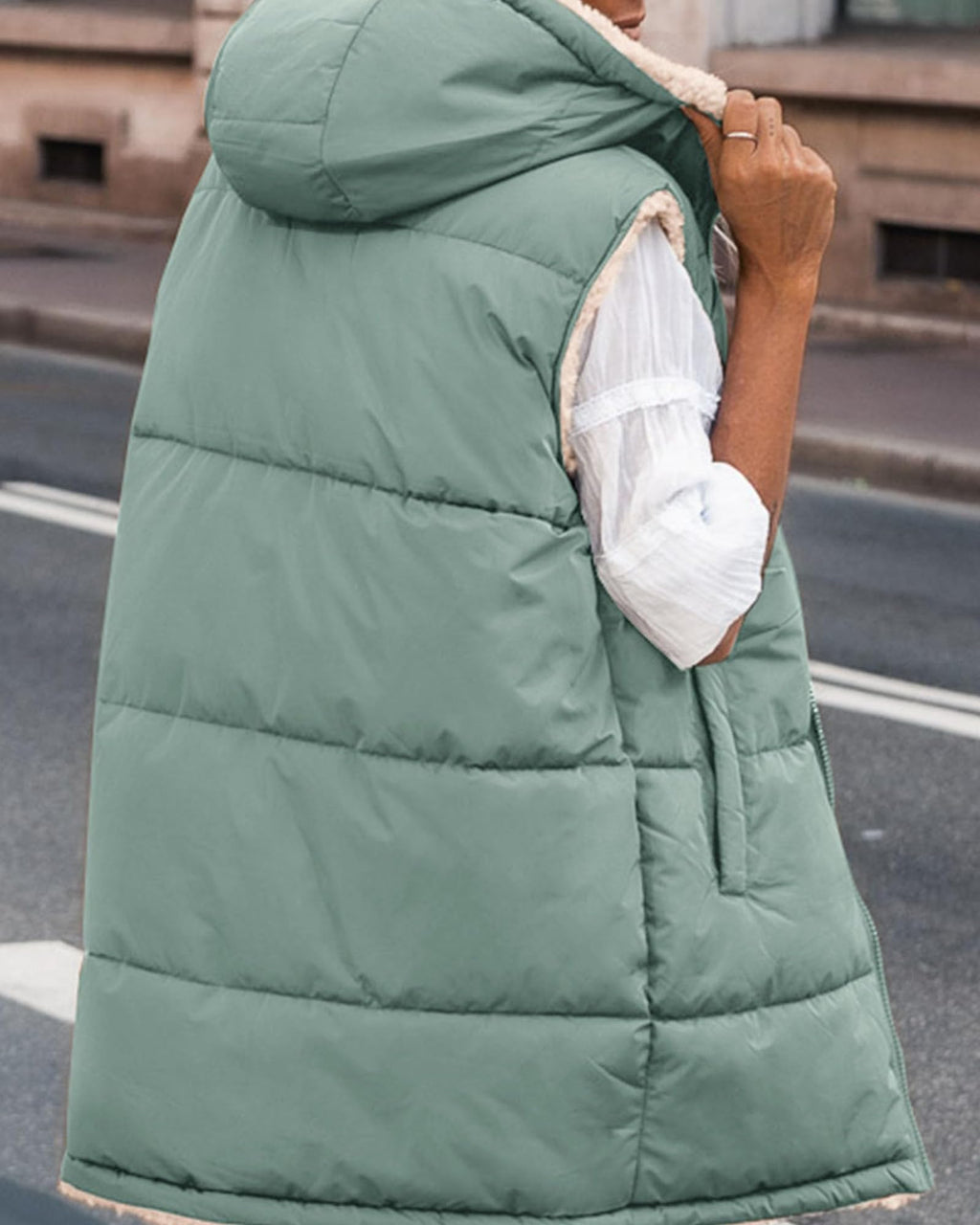 BTFBM Long Puffer Vest Women Fleece Sherpa Jacket Sleeveless Hooded Reversible Zip Up Winter Coat Fall Vests Outerwear