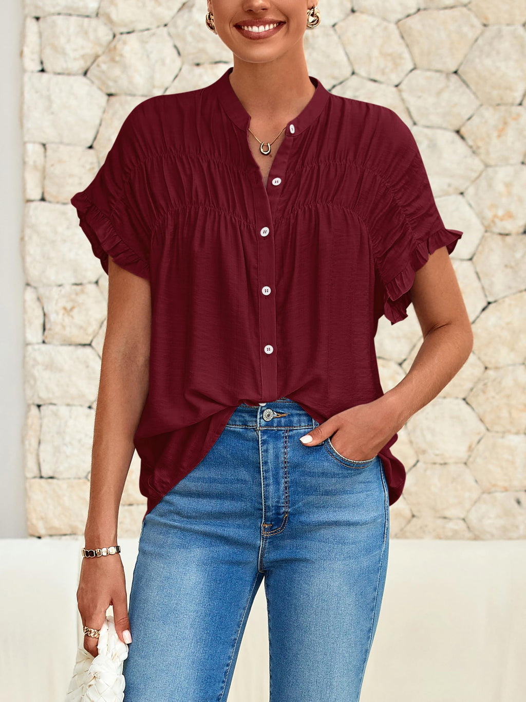 FreshPretty Womens Button Down Shirts Ruffle Short Sleeve Loose Summer Tops Dressy Casual V Neck Business Work Blouses