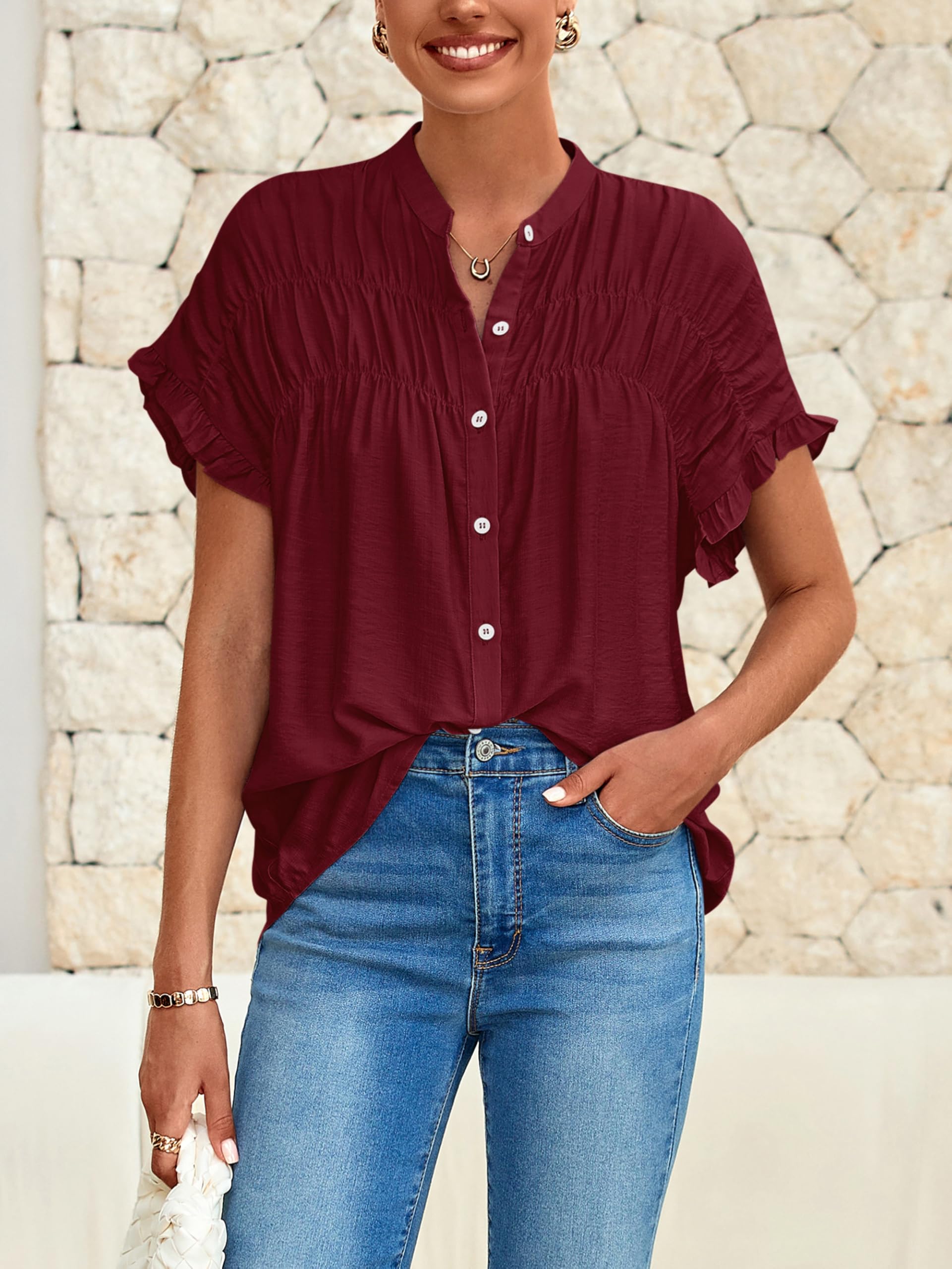 FreshPretty Womens Button Down Shirts Ruffle Short Sleeve Loose Summer Tops Dressy Casual V Neck Business Work Blouses