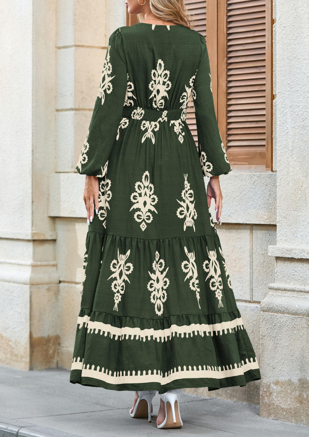 PRETTYGARDEN Women's Fall Wedding Guest Dresses Boho Floral Long Sleeve V Neck Flowy Elegant Maxi Dress Beach Clothes