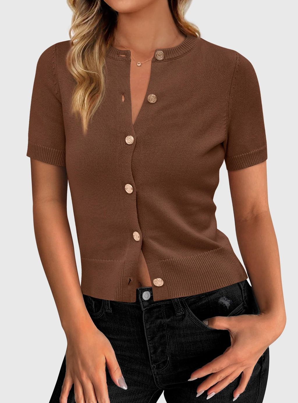 PRETTYGARDEN Womens Casual Summer Short Sleeve Cardigans Button Down Knitted Sweater Basic Crew Neck Crop Tops