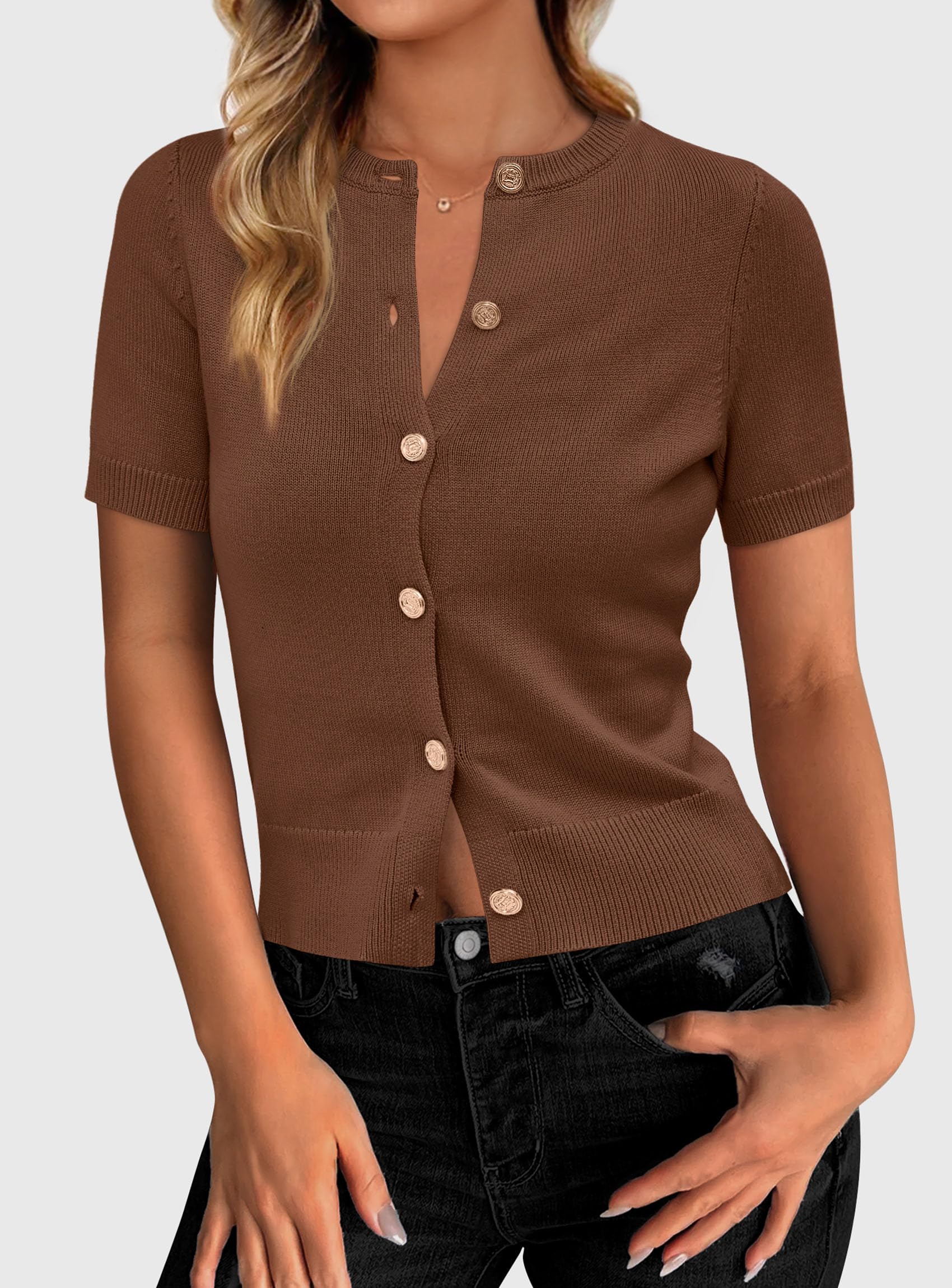 PRETTYGARDEN Womens Casual Summer Short Sleeve Cardigans Button Down Knitted Sweater Basic Crew Neck Crop Tops