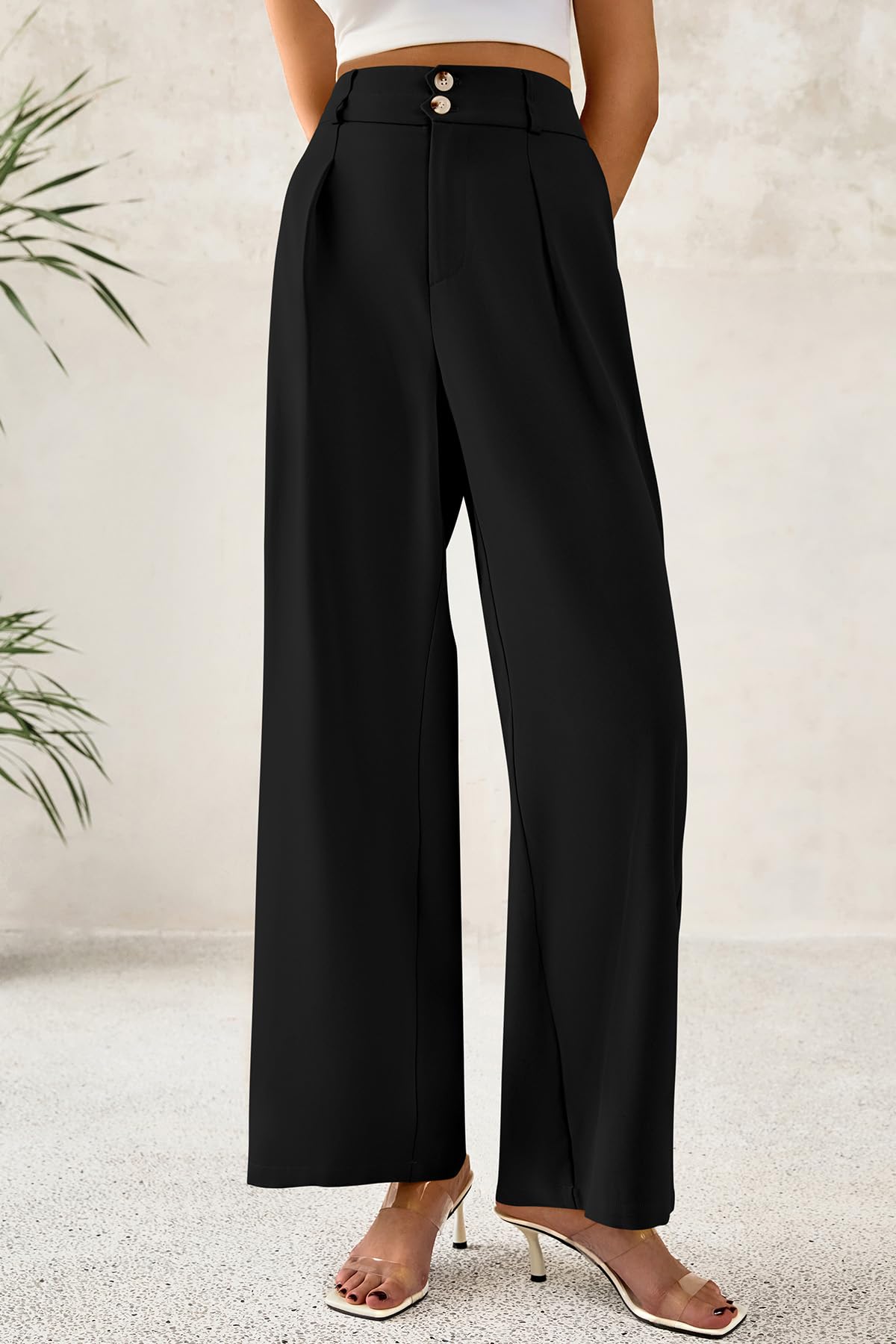 FreshPretty Women Wide Leg Dress Pants High Waist Work Trousers Button Pleated Slacks Palazzo Pants Business Casual Outfits