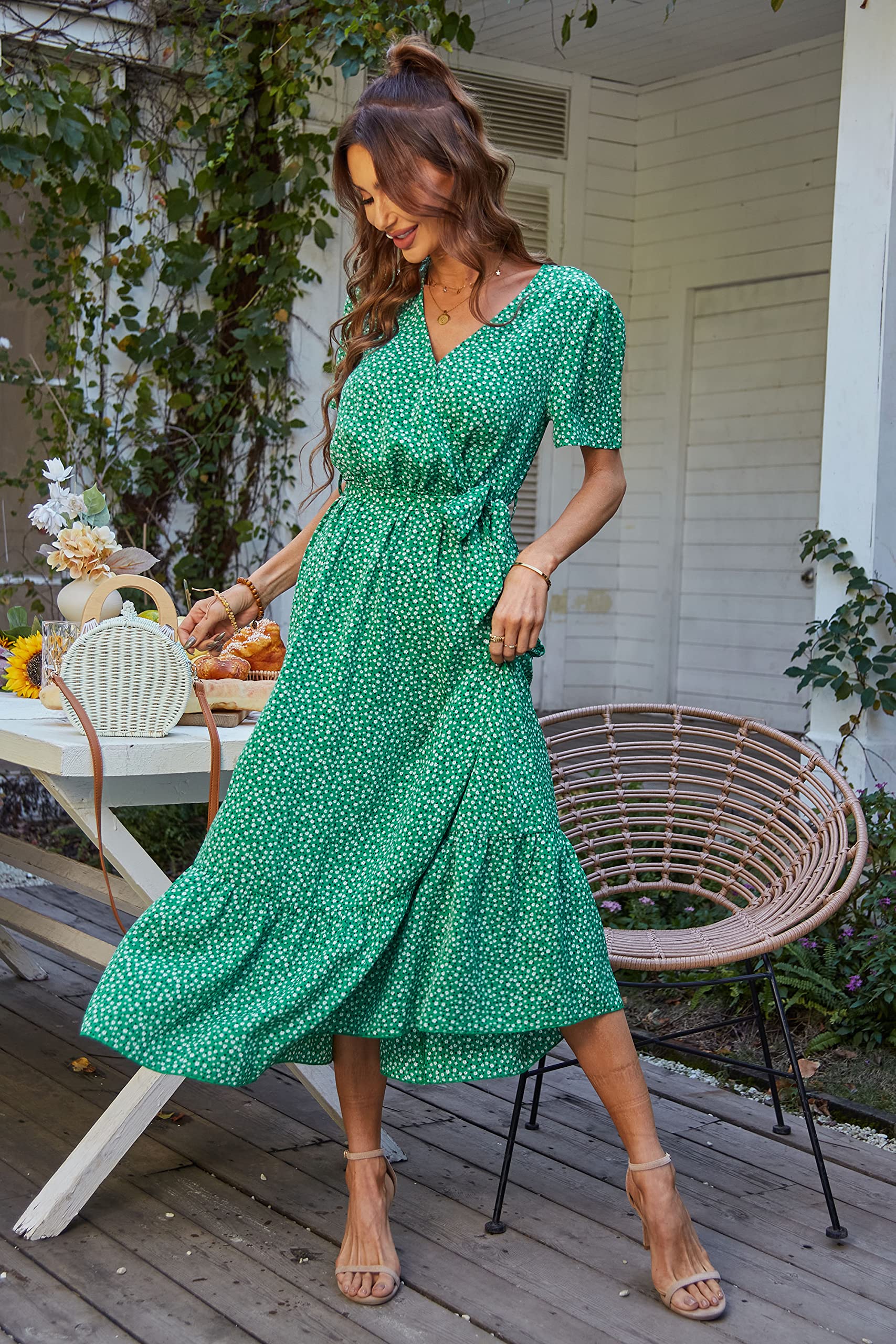 PRETTYGARDEN Women's Summer Floral Boho Maxi Dress Wrap Short Sleeve V Neck Ruffle A-Line Flowy Wedding Guest Long Dresses