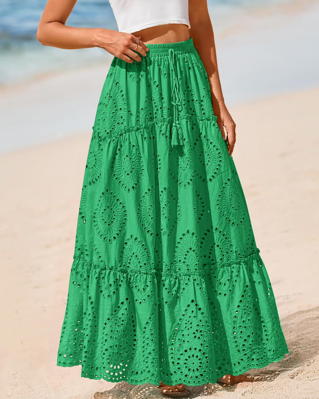 BTFBM Long Skirts for Women Summer Boho Lace Embroidery High Waist Flowy Tiered Spring Maxi Skirt Beach Vacation