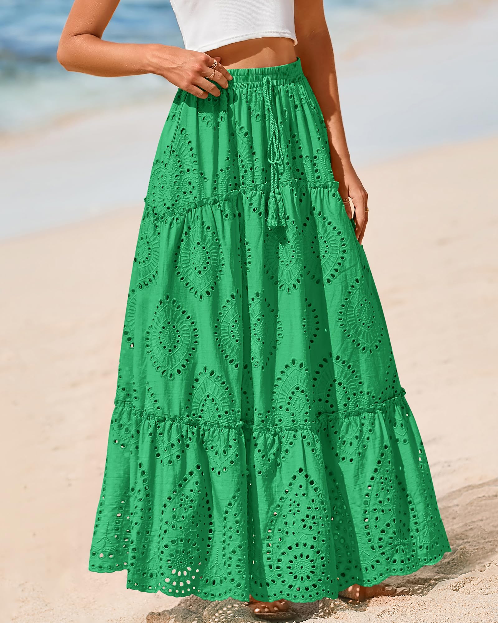 BTFBM Long Skirts for Women Summer Boho Lace Embroidery High Waist Flowy Tiered Spring Maxi Skirt Beach Vacation