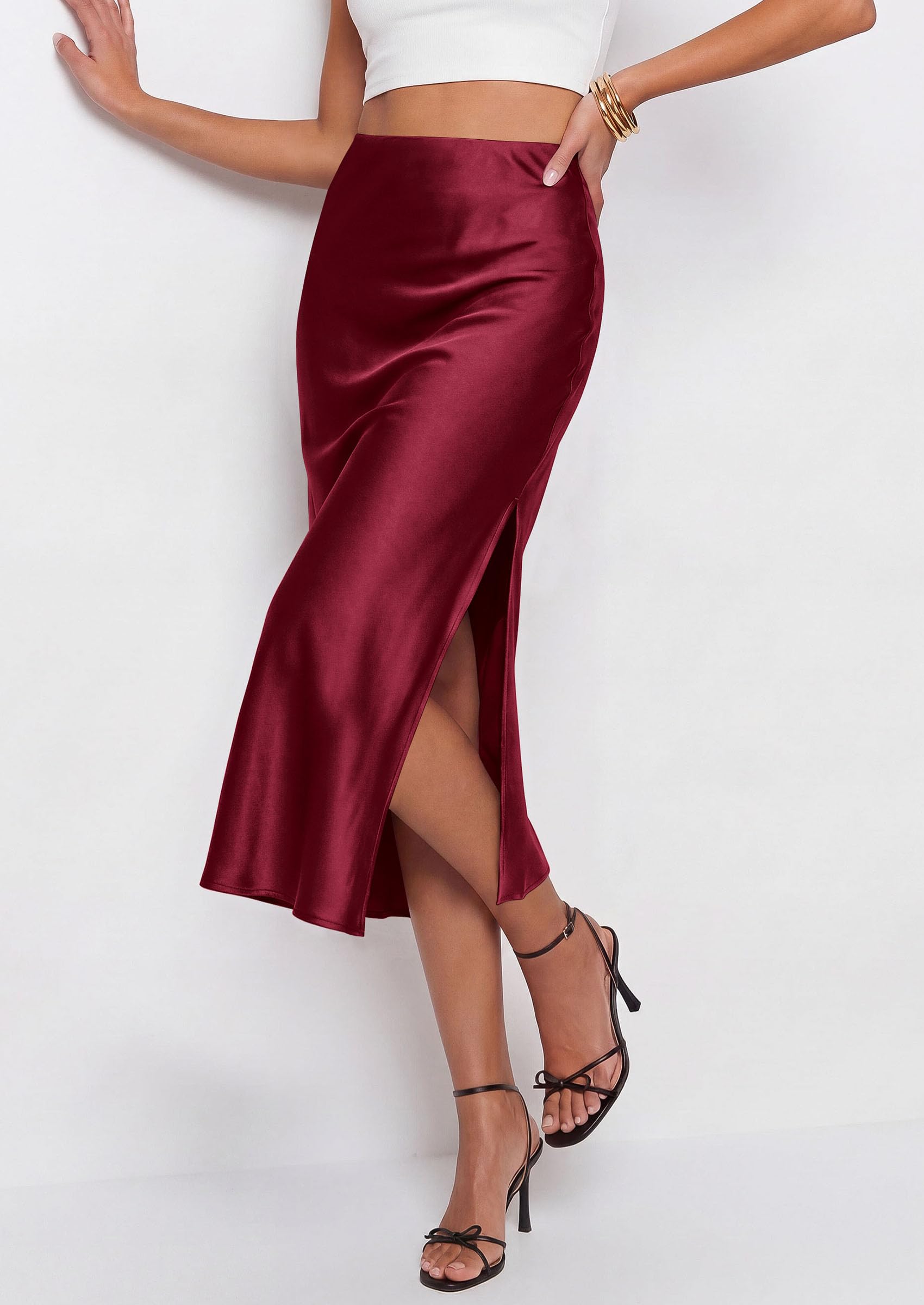 PRETTYGARDEN Womens Satin Skirt Summer Silk Business Casual High Waisted A Line Flowy Work Wedding Cocktail Midi Skirts