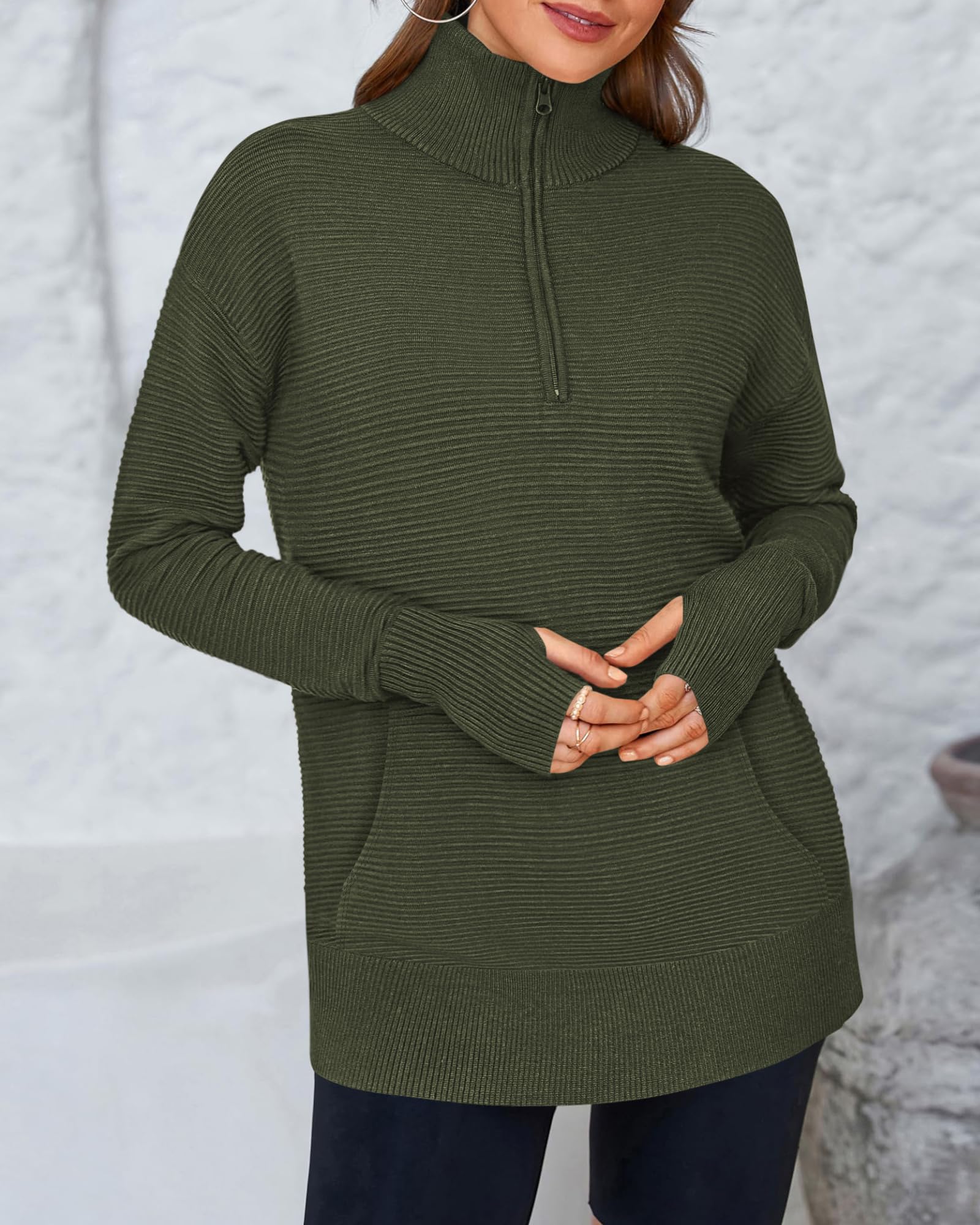 BTFBM Sweaters for Women Fall Clothes Pocket Quarter Zip Pullover V Neck Long Sleeve Knit Trendy Winter Sweater