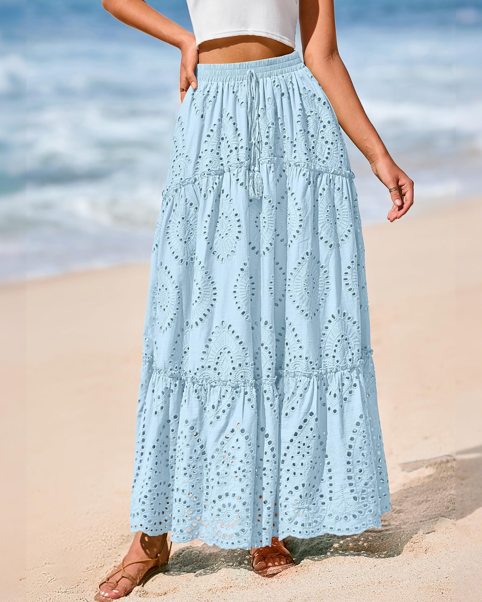 BTFBM Long Skirts for Women Summer Boho Lace Embroidery High Waist Flowy Tiered Spring Maxi Skirt Beach Vacation