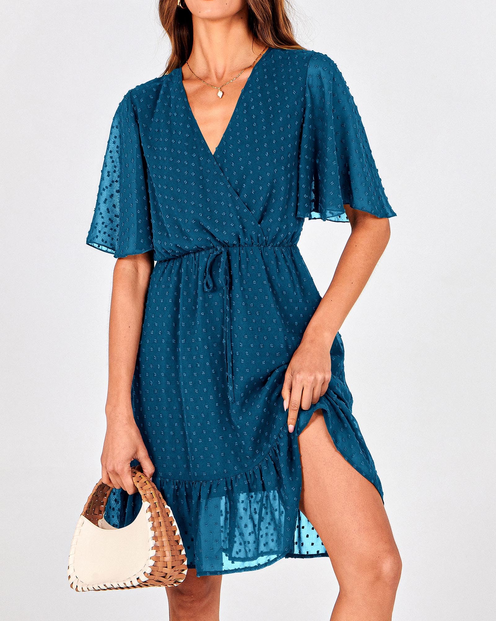 FreshPretty Women's Summer Dresses Casual Short Sleeve V Neck Ruffle Floral Print High Waist Flowy Mini Dress with Belt