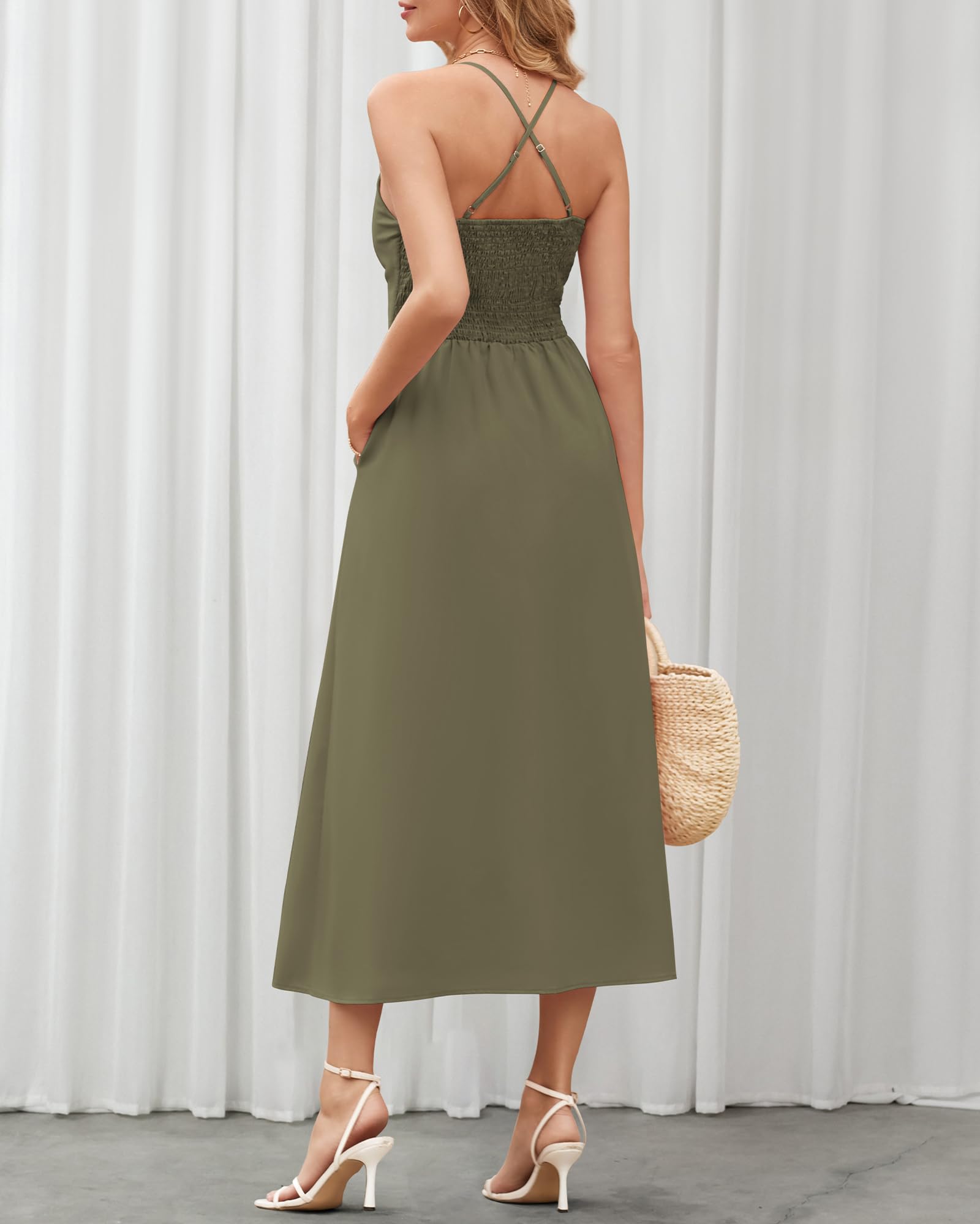 BTFBM Women Spaghetti Strap Midi Summer Dresses Sleeveless V Neck Cutout Slit Casual Beach Party Maxi Dress Pockets