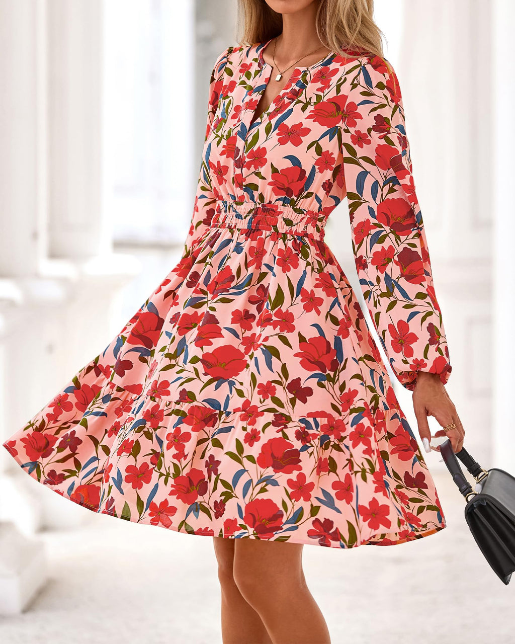 BTFBM Spring Dresses for Women Mini Long Sleeve Elastic Waist Summer Vacation Outfits Floral Wedding Guest Dress
