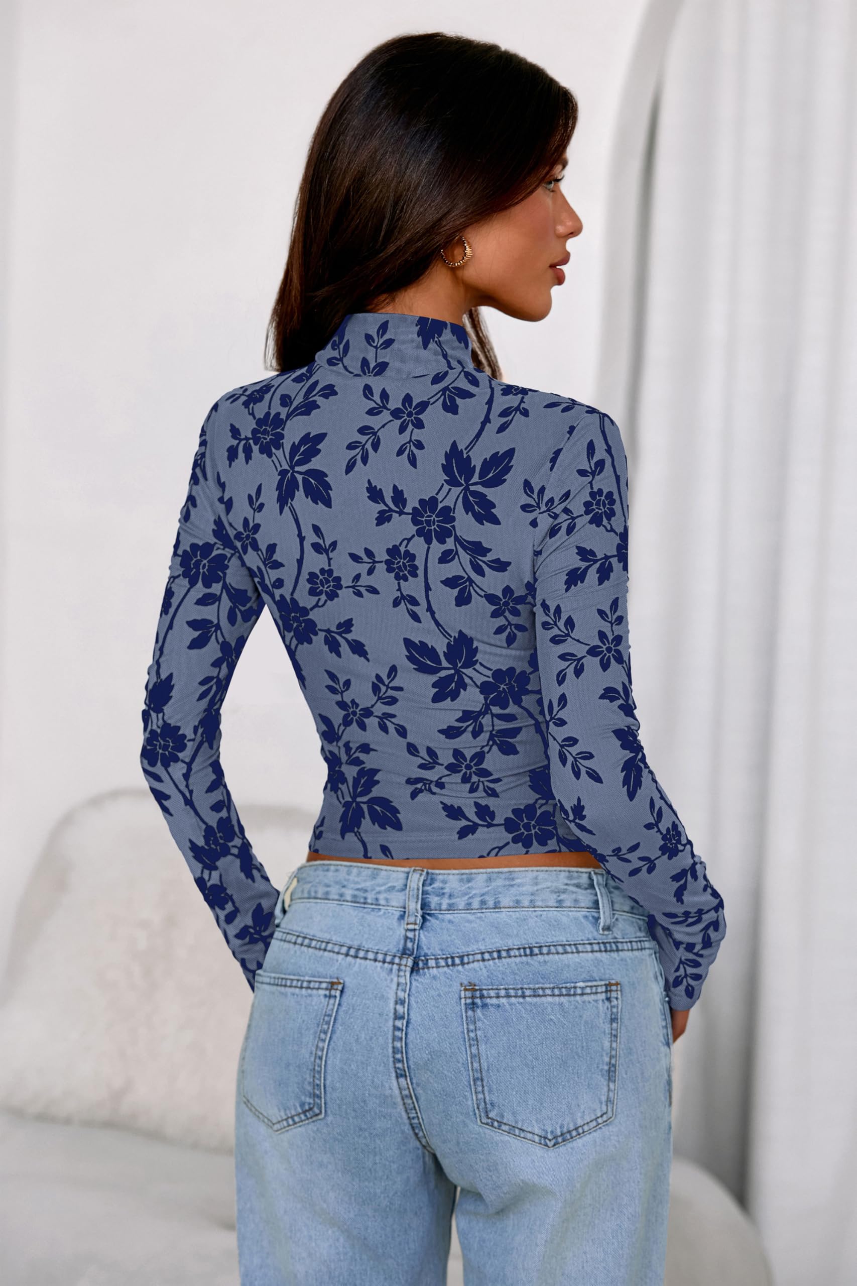 FreshPretty Mesh Long Sleeve Tops for Women Trendy Mock Neck Crop Going Out Fitted Floral Shirts Fall Fashion Clothing