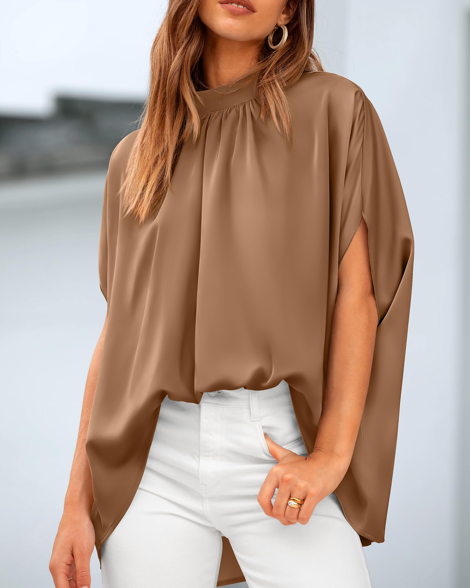 BTFBM Womens Summer Tops Mock Neck Batwing Sleeve Silk Satin Shirts Loose Oversized Dressy Casual Spring Blouses