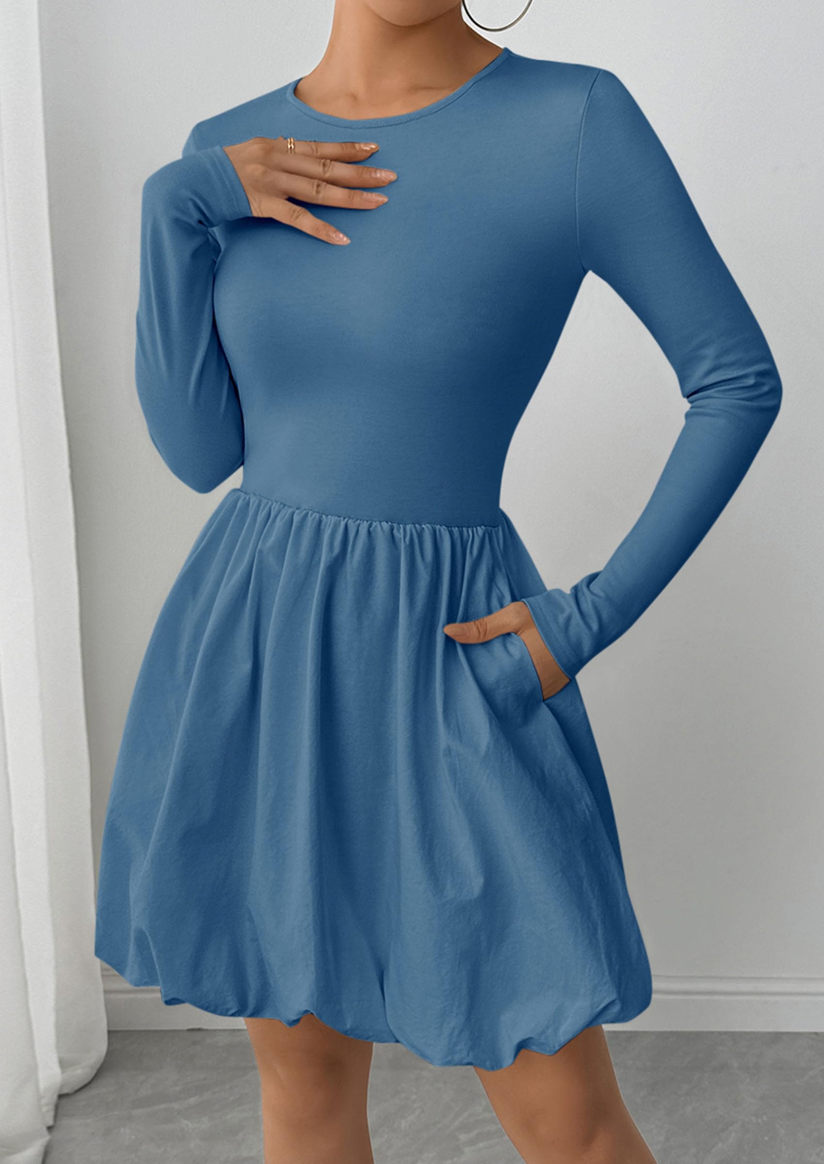 PRETTYGARDEN Fall Dresses for Women Casual Long Sleeve Bubble Cute Crew Neck A Line Mini Short Dress with Pockets