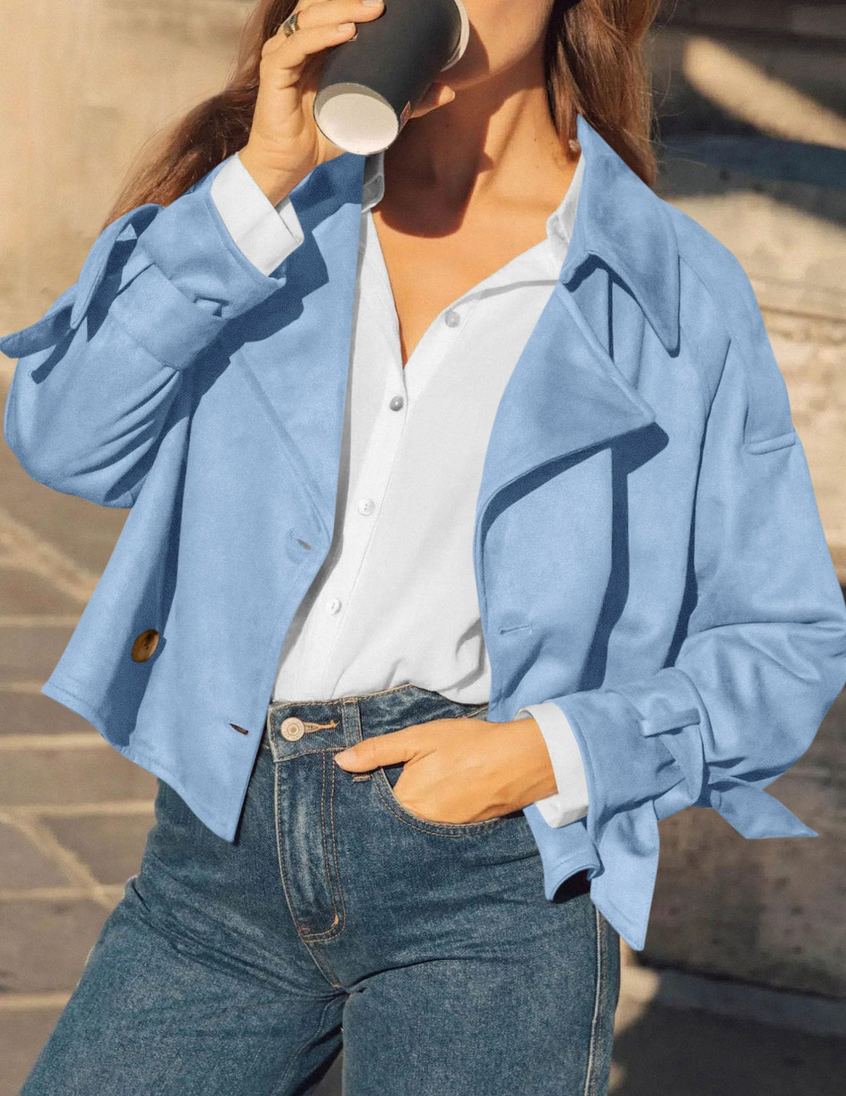 PRETTYGARDEN Women Faux Suede Double Breasted Trench Coat Cropped Jackets Raglan Long Sleeve,Lapel,Tie Cuff,Button Down,Fall Fashion Outerwear,Winter Clothes,Work Office Casual Short Jacket