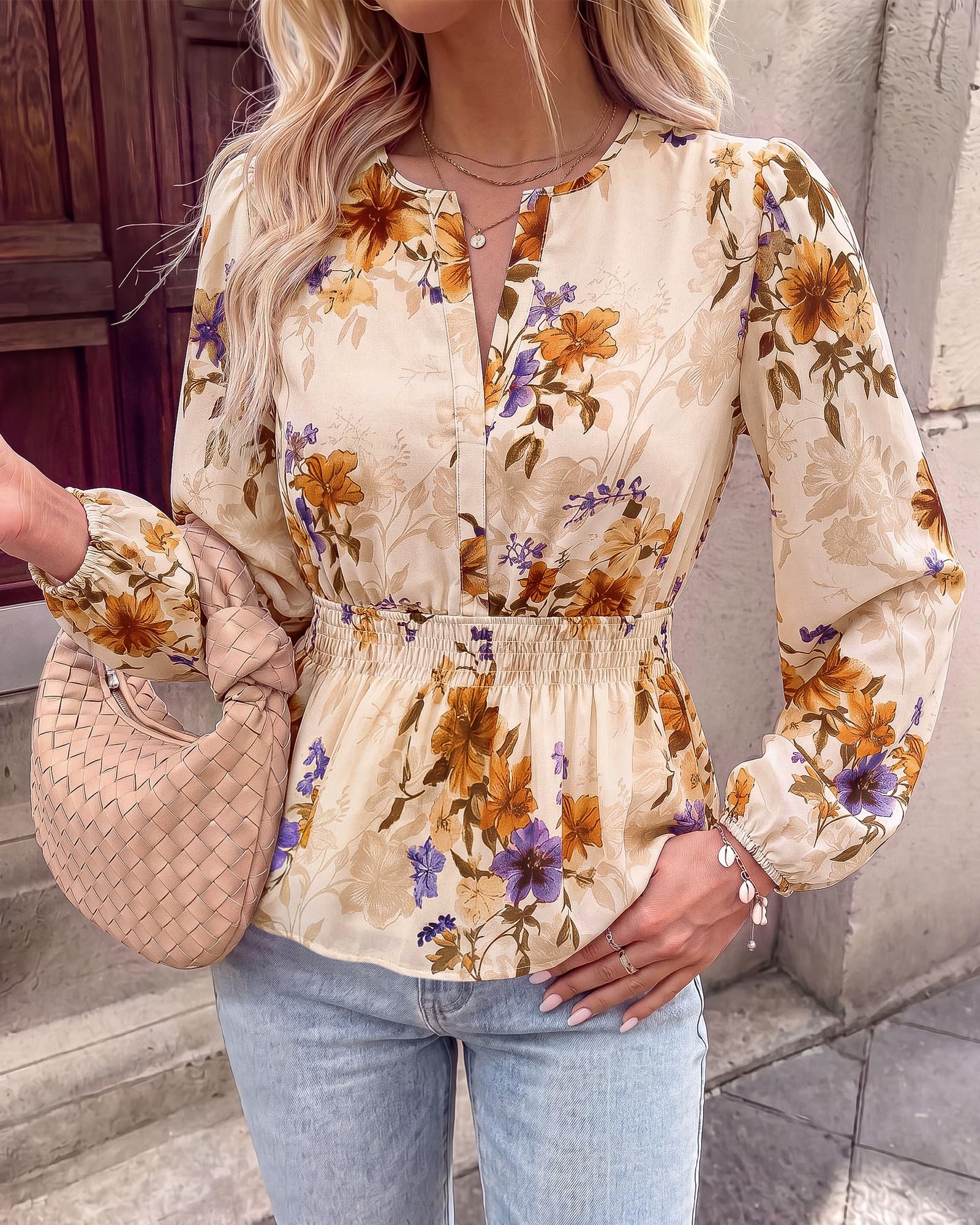 BTFBM Womens Tops Dressy Casual Floral V Neck Long Sleeve Chiffon Shirts | Chiffon Lantern Sleeve Flowy Peplum Sheer Top,Elastic Waist Babydoll Blouses,Boho Vacation Outfits,Fall Fashion Clothing
