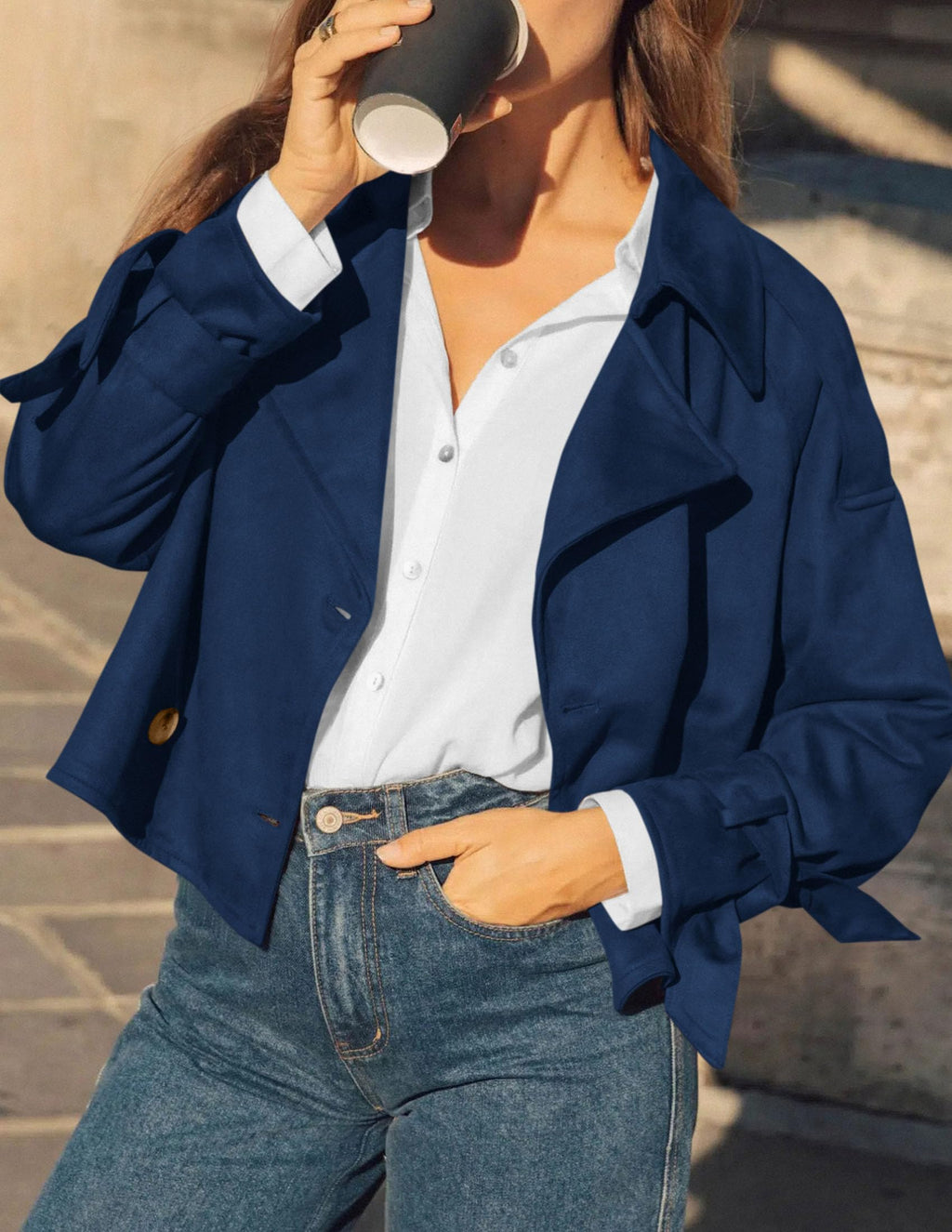 PRETTYGARDEN Women Faux Suede Double Breasted Trench Coat Cropped Jackets Raglan Long Sleeve,Lapel,Tie Cuff,Button Down,Fall Fashion Outerwear,Winter Clothes,Work Office Casual Short Jacket