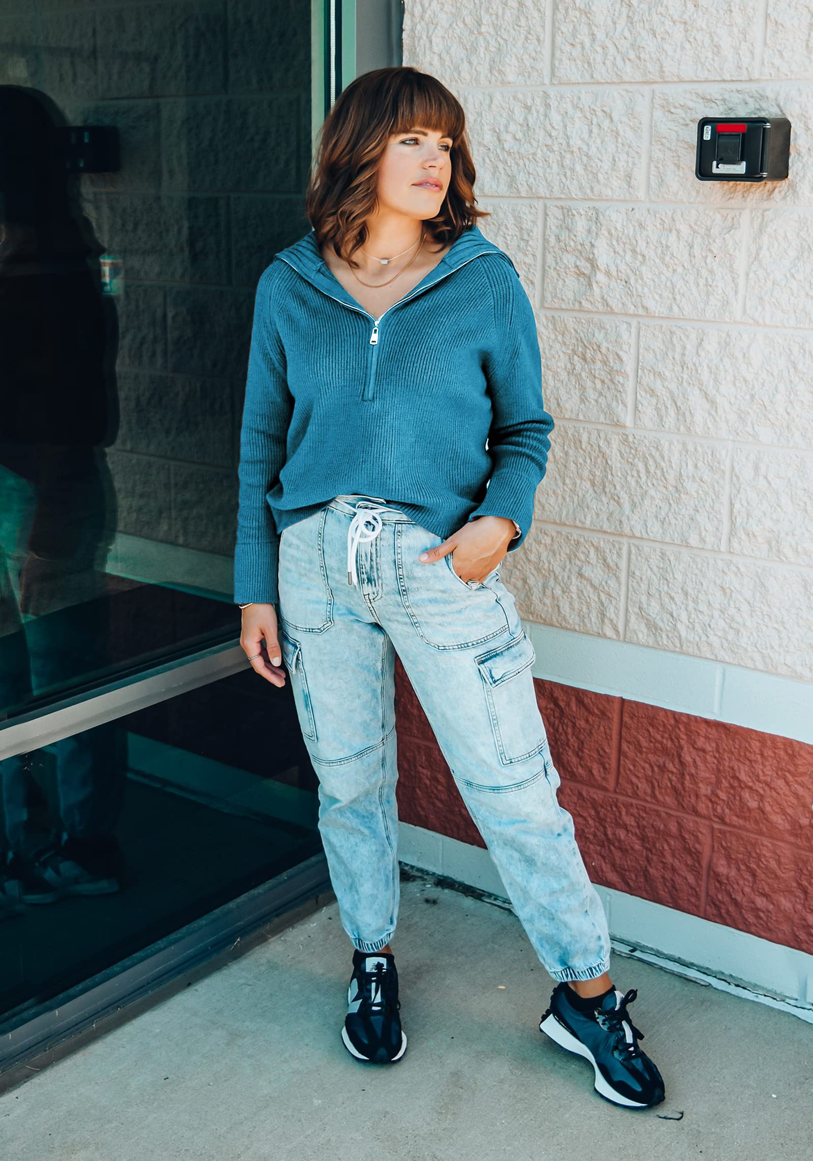 FreshPretty Womens Sweaters Quarter Zip Pullover V Neck Collar Long Sleeve Ribbed Knit Loose Casual Winter Fall Sweater