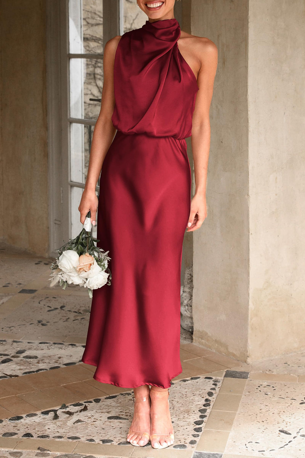 PRETTYGARDEN Women's Summer Satin Dress Elegant Sleeveless Mock Neck Cocktail Party Maxi Dresses