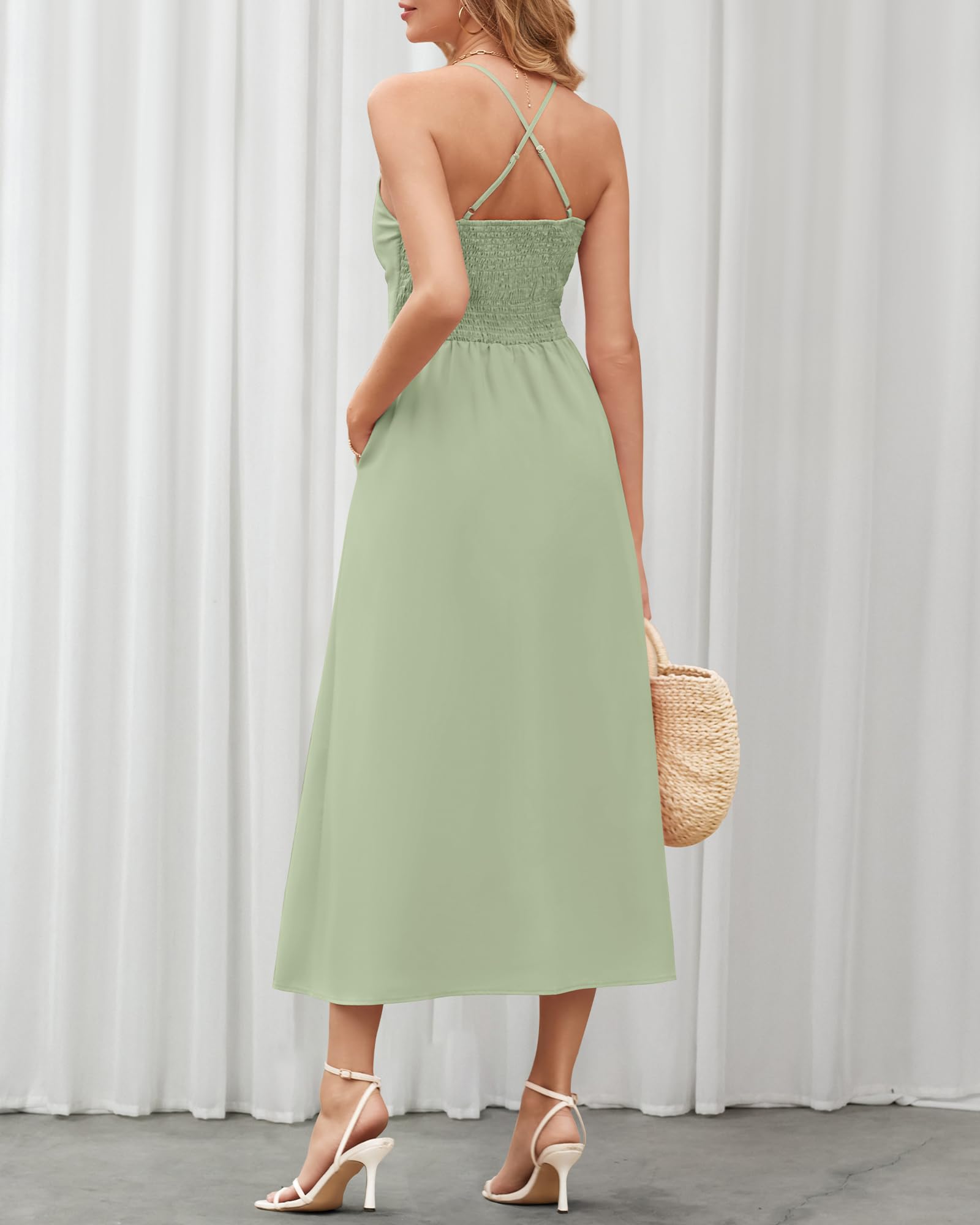 BTFBM Women Spaghetti Strap Midi Summer Dresses Sleeveless V Neck Cutout Slit Casual Beach Party Maxi Dress Pockets