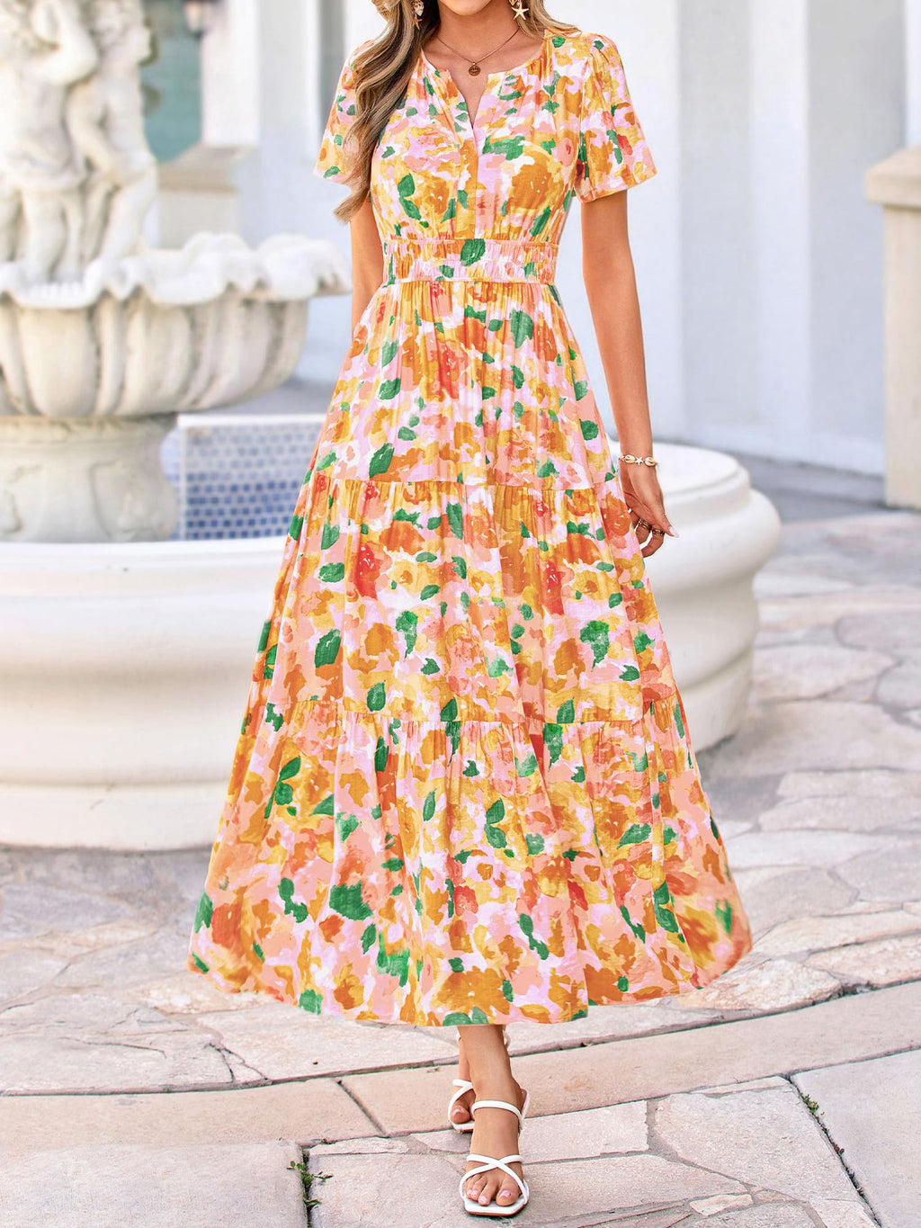BTFBM Womens Summer Floral Maxi Dresses V Neck Short Sleeve Boho Casual Flowy Long Wedding Guest Dress Beach Vacation