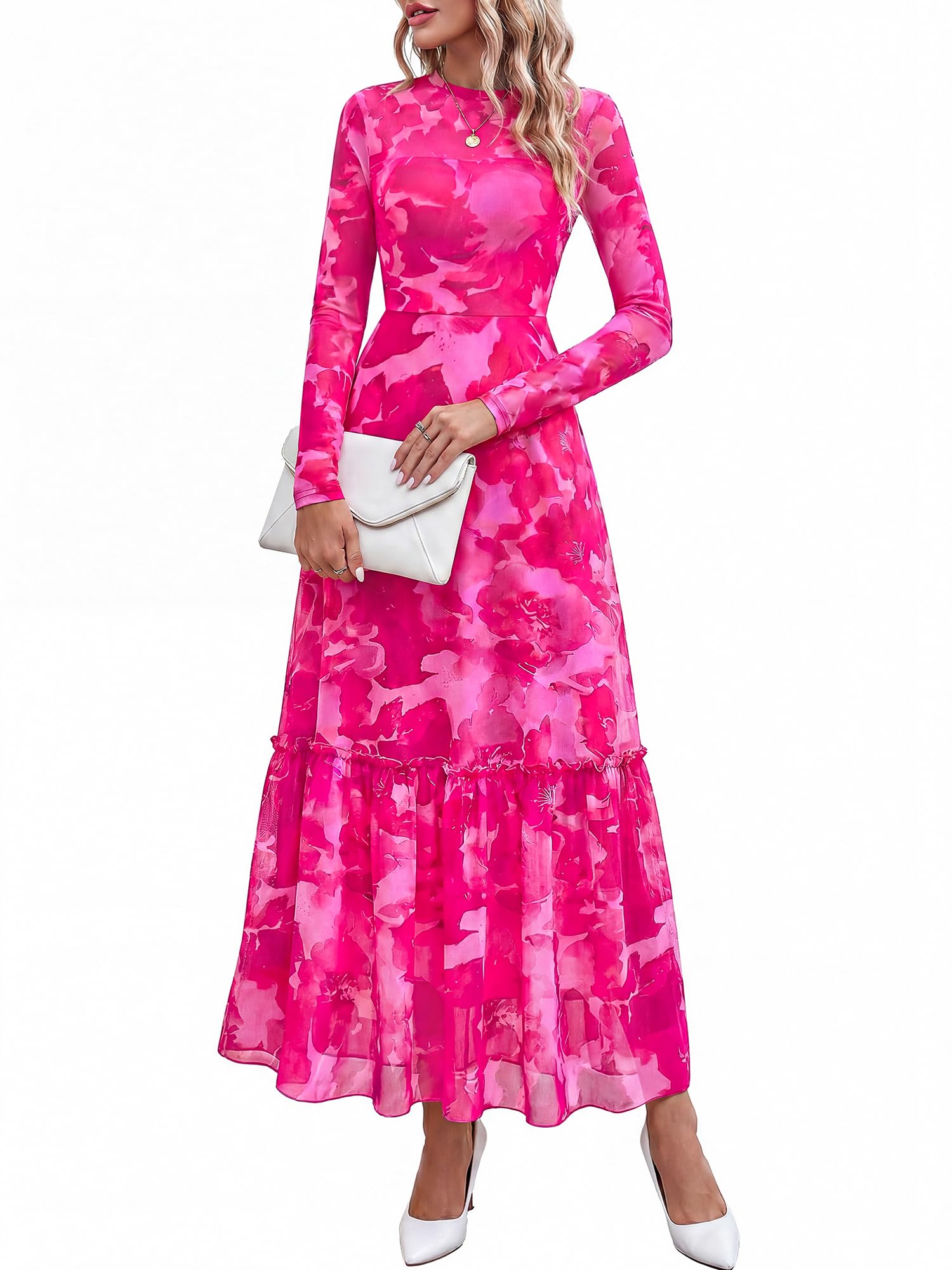 BTFBM Boho Mesh Long Sleeve Dress for Women | Mock Neck, Floral, A Line, Tiered, Graduation, Wedding, Cocktail Maxi Dresses, Fall Fashion, Resort Wear