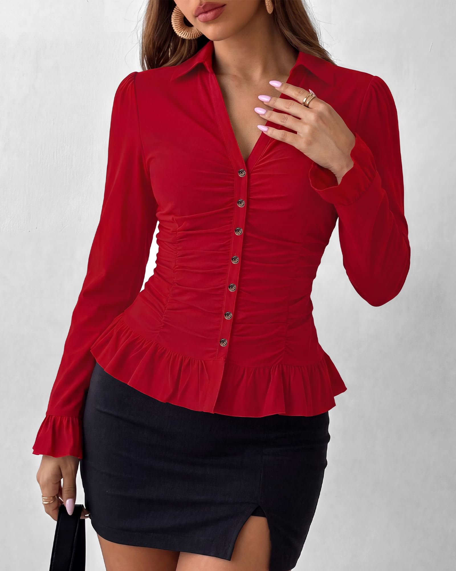 BTFBM Fitted Button Down Shirts for Women Dressy Casual Tops Collar V Neck Long Sleeve Ruched Tops, Stretchy Ruffle Blouses, Fall Fashion Clothing, Work Date Night Going Out Outfits