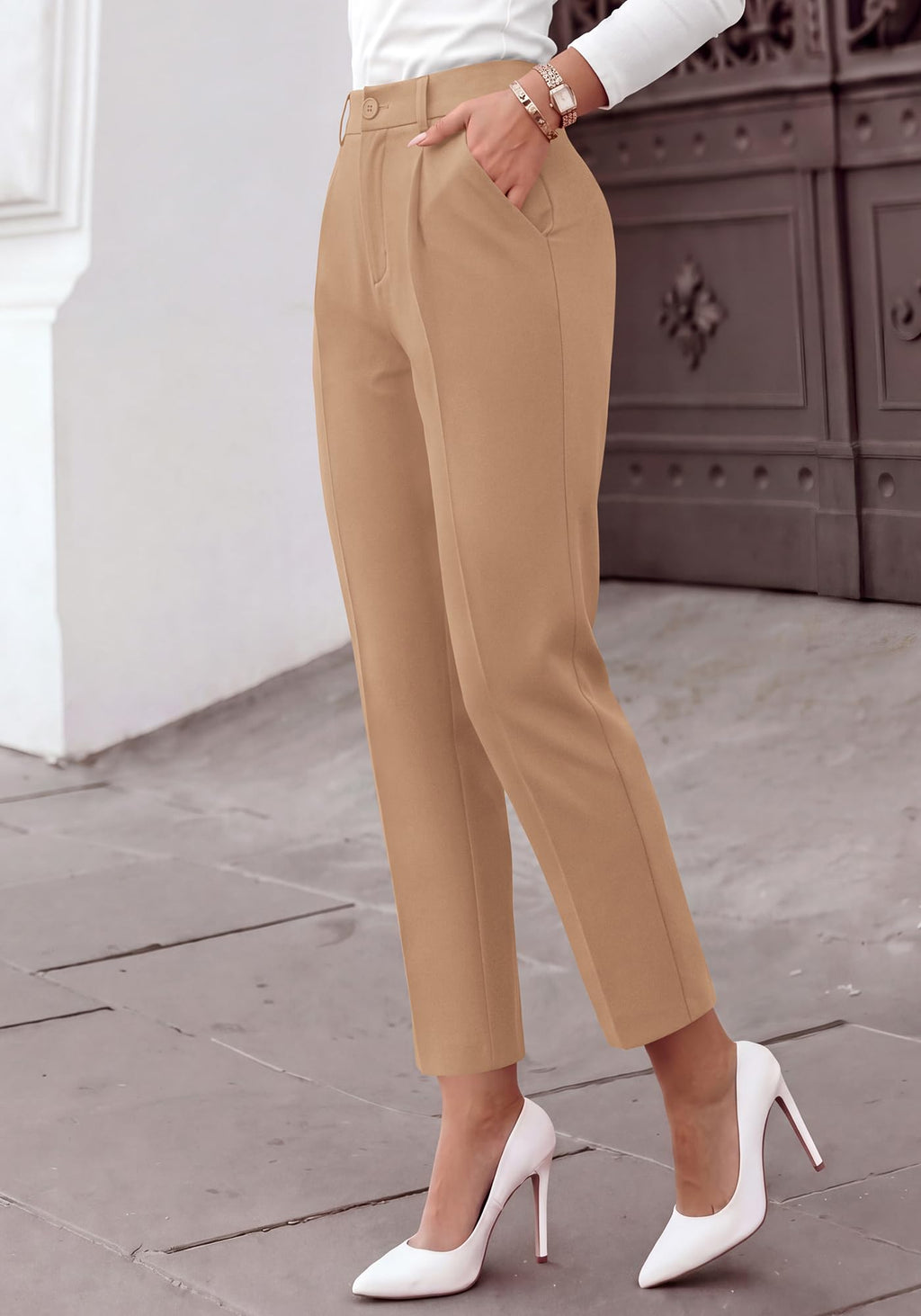 BTFBM Dress Pants Women Work Business Office Ankle Trousers Pockets Straight Leg Pleated Womens Slacks,Tapered Trousers for Work Office,Elastic Back High Waist,Fall Business Casual Outfits