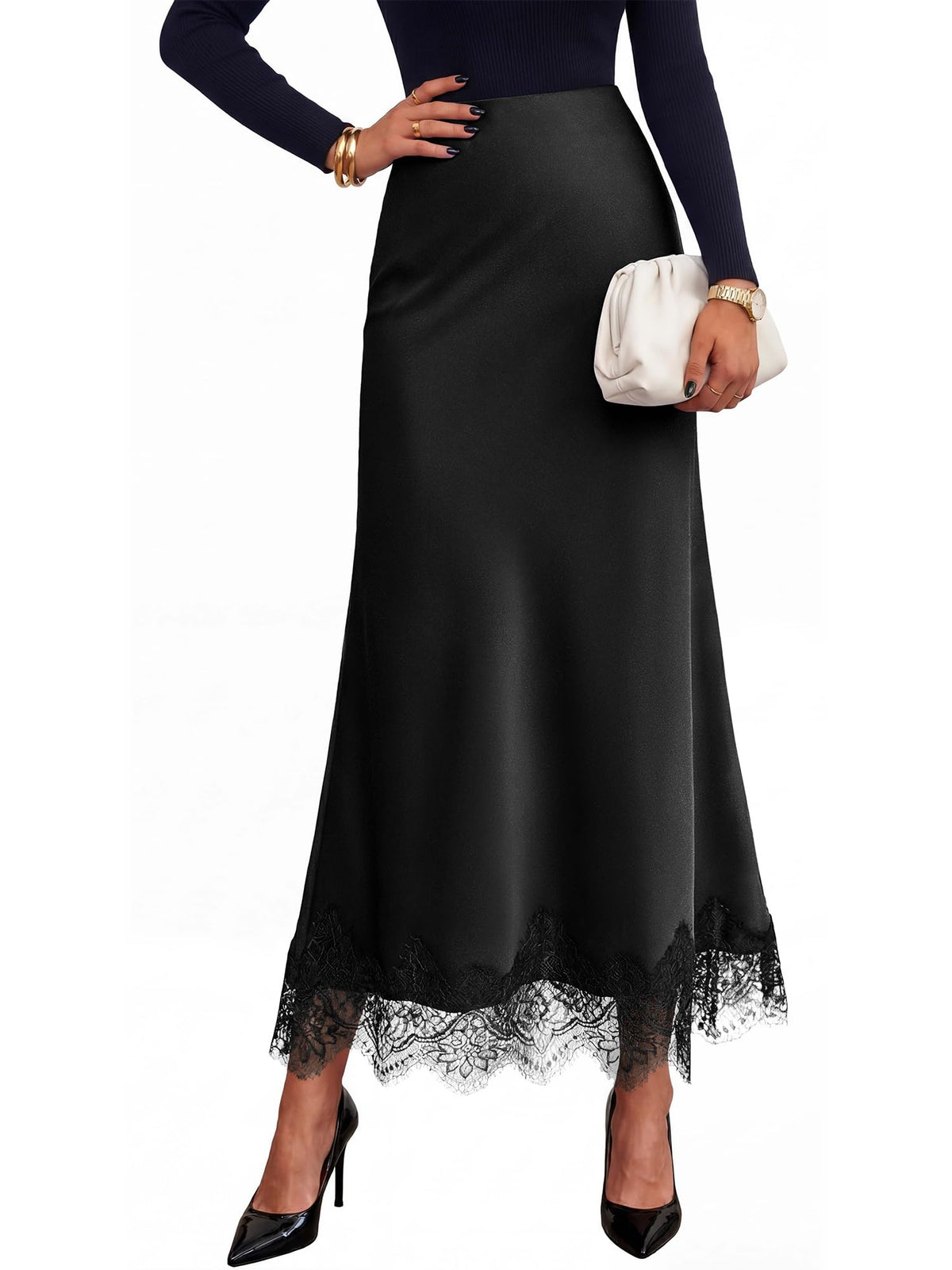 BTFBM Lace Trim Satin Skirts for Women Elegant | Lightweight, High Waist, A-Line, Flowy Maxi Skirt, Wedding, Cocktail, Graduation, Holiday Outfits, Fall Fashion Clothing