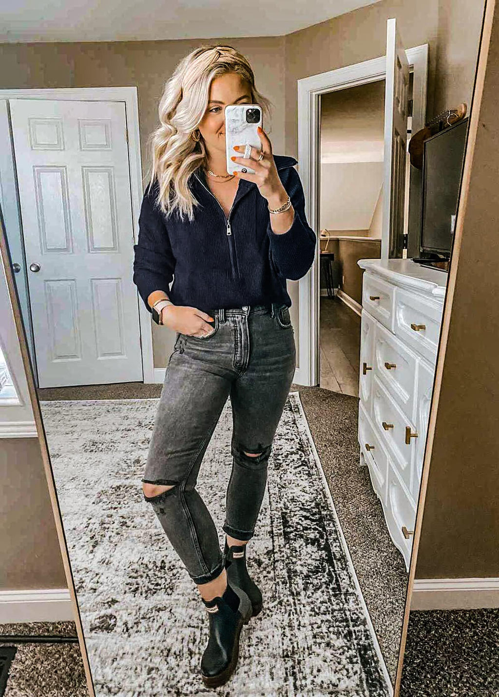 FreshPretty Womens Sweaters Quarter Zip Pullover V Neck Collar Long Sleeve Ribbed Knit Loose Casual Winter Fall Sweater