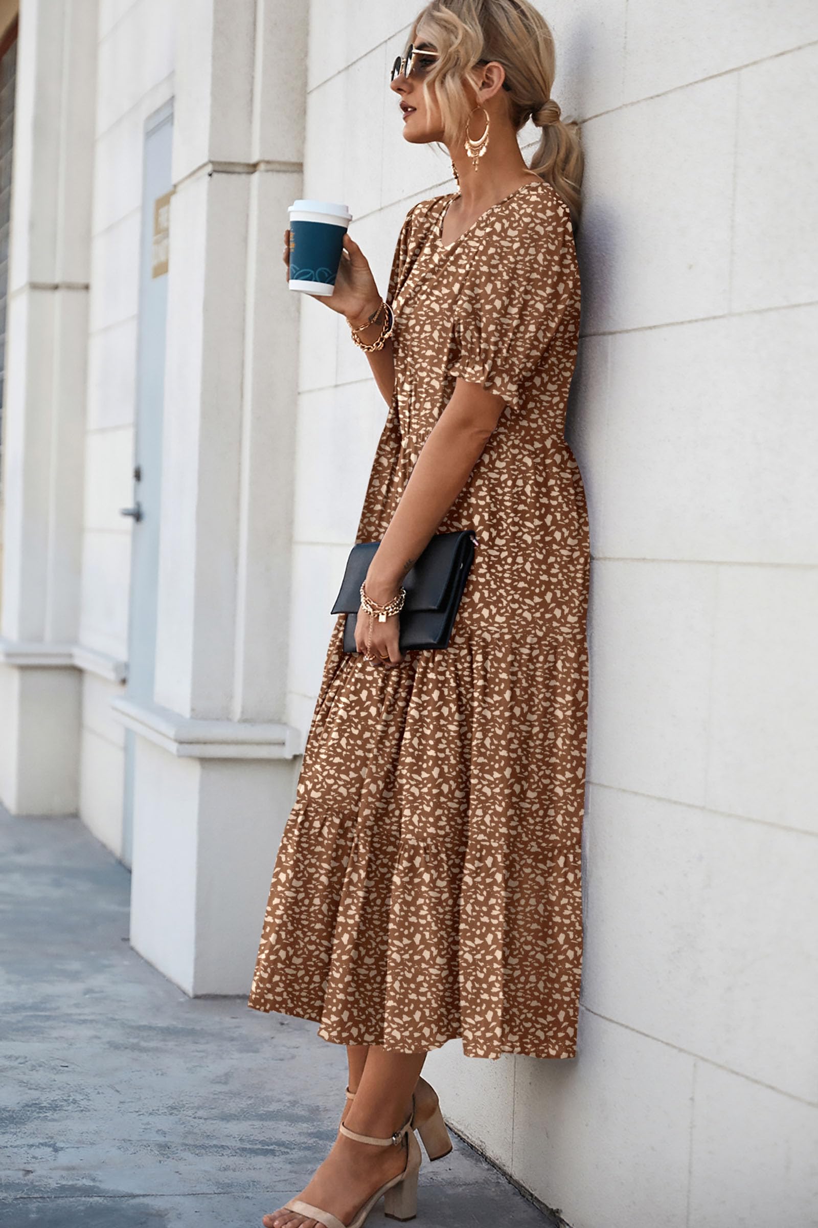 PRETTYGARDEN Summer Dresses for Women Casual Floral Boho Midi Sun Dress Puff Short Sleeve Flowy Beach Vacation Sundress