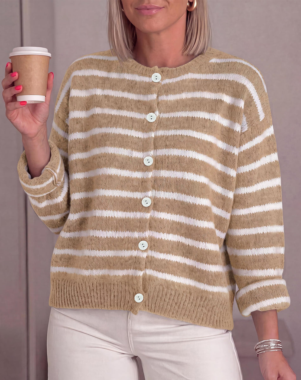 FreshPretty Women's Chunky Knit Striped Cardigan Sweaters Casual Button Front,Long Sleeve Knit Cardigan,Soft Loose Fit Sweaters for Business Casual Work,Fall Winter Outerwear Layering