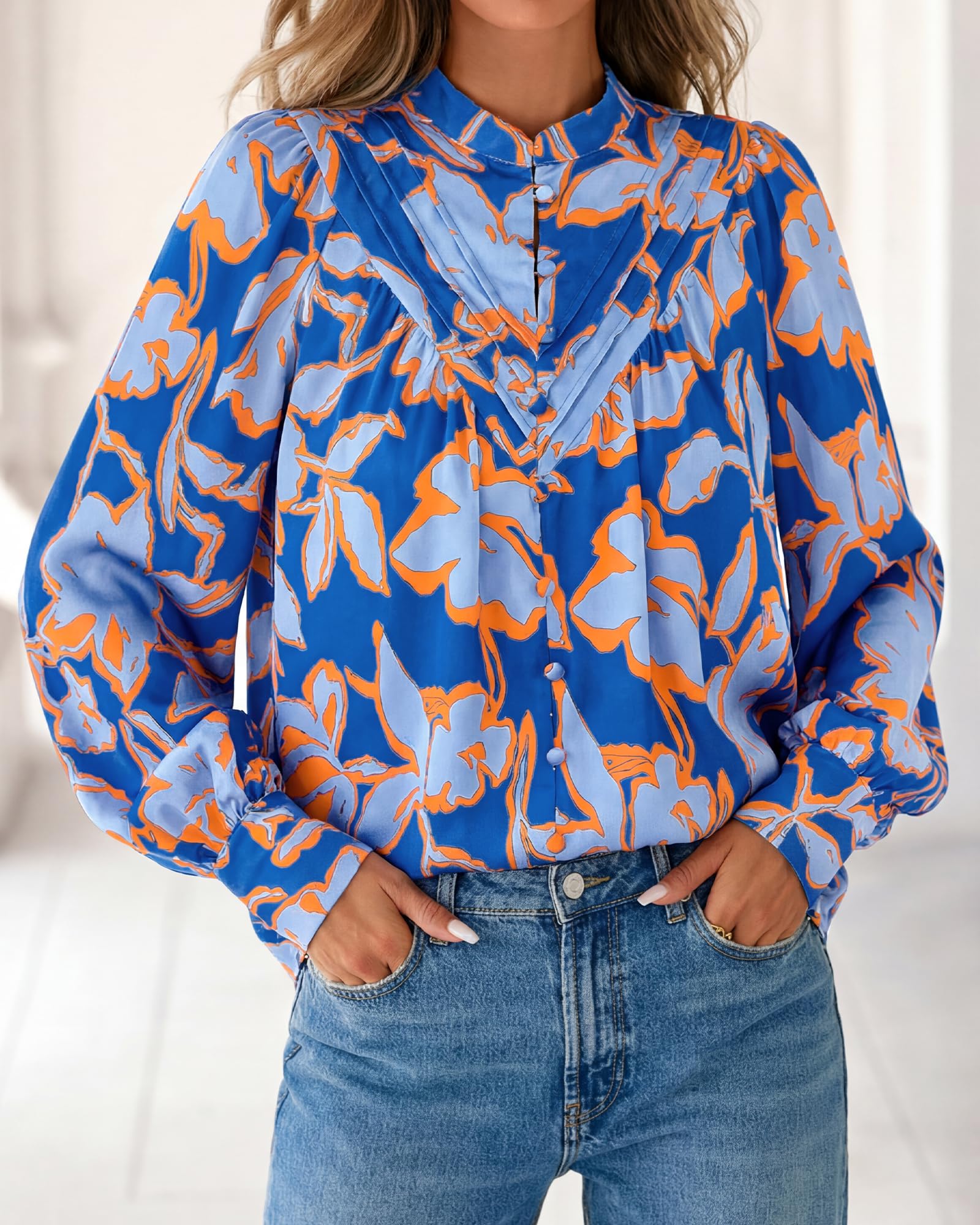 BTFBM Womens Tops Dressy Casual Spring Boho Floral V Neck Long Sleeve Half Button Down Shirt Work Business Blouses