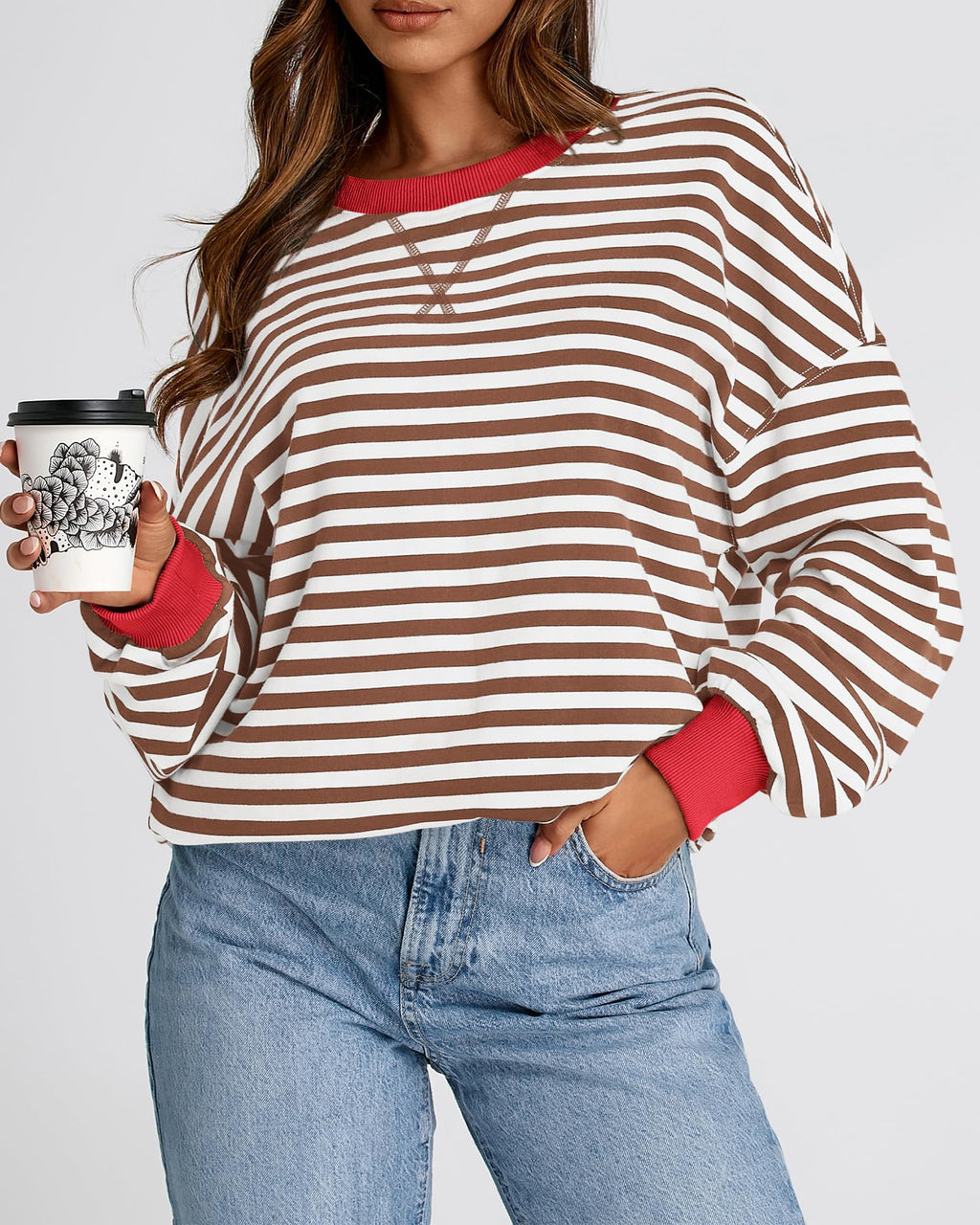 BTFBM Sweatshirt For Women Summer Crewneck Long Sleeve Oversized Striped Pullover Tops Y2K Clothes Workout Shirt