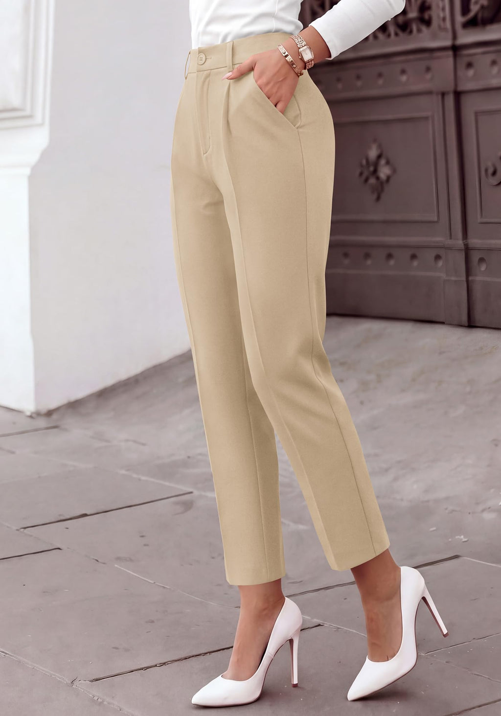 BTFBM Dress Pants Women Work Business Office Ankle Trousers Pockets Straight Leg Pleated Womens Slacks,Tapered Trousers for Work Office,Elastic Back High Waist,Fall Business Casual Outfits