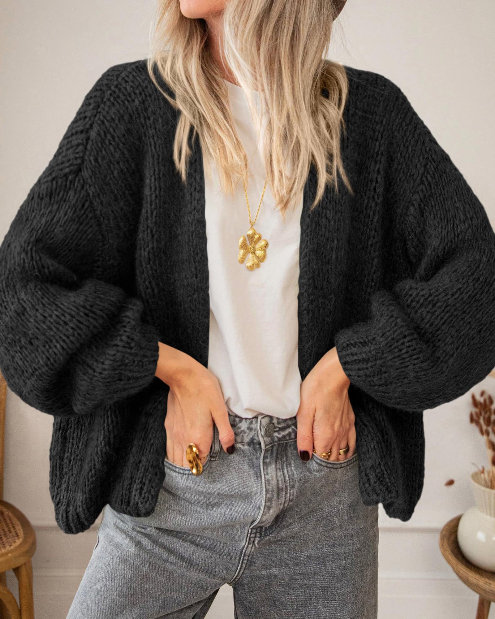 BTFBM Cardigan Sweaters for Women Fall Fashion Clothes | No Button No Pocket Design, Chunky Knit Open Front Cardigans, Ribbed Cuff Long Sleeve Sweater, Loose Winter Coat Clothing