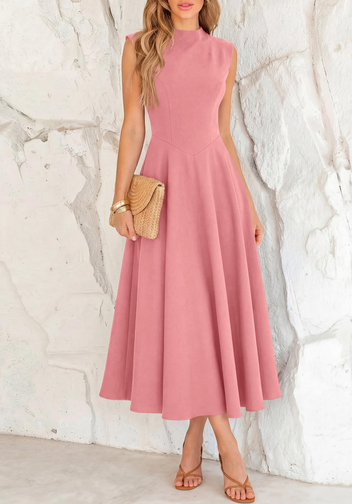BTFBM Summer Dresses for Women Mock Neck Sleeveless High Waist Flowy Aline Maxi Spring Wedding Guest Dress Cocktail