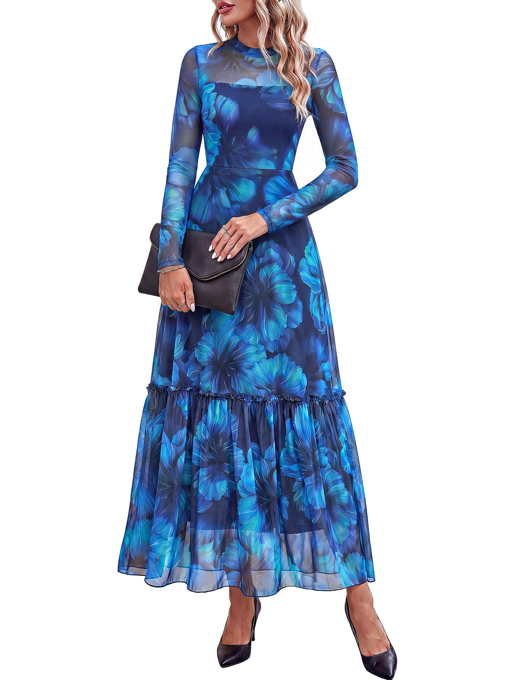 BTFBM Boho Mesh Long Sleeve Dress for Women | Mock Neck, Floral, A Line, Tiered, Graduation, Wedding, Cocktail Maxi Dresses, Fall Fashion, Resort Wear